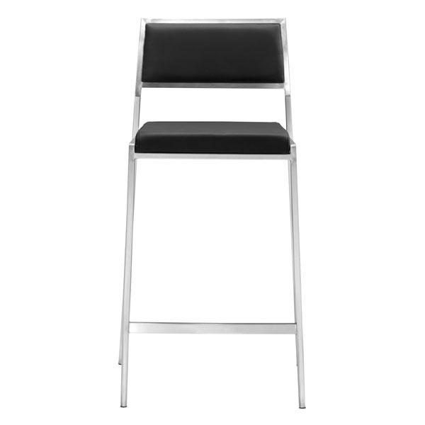 Elegant black leatherette counter chair with stainless steel base, dimensions 18x20x36 inches.