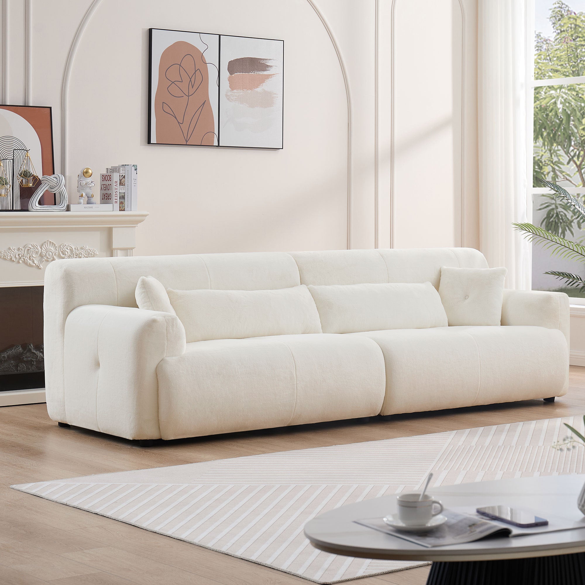 Luxurious 111.81'' Soft Thick Fuzzy Faux Rabbit Fur Couch Sofa in beige, showcasing plush faux fur upholstery and elegant design.