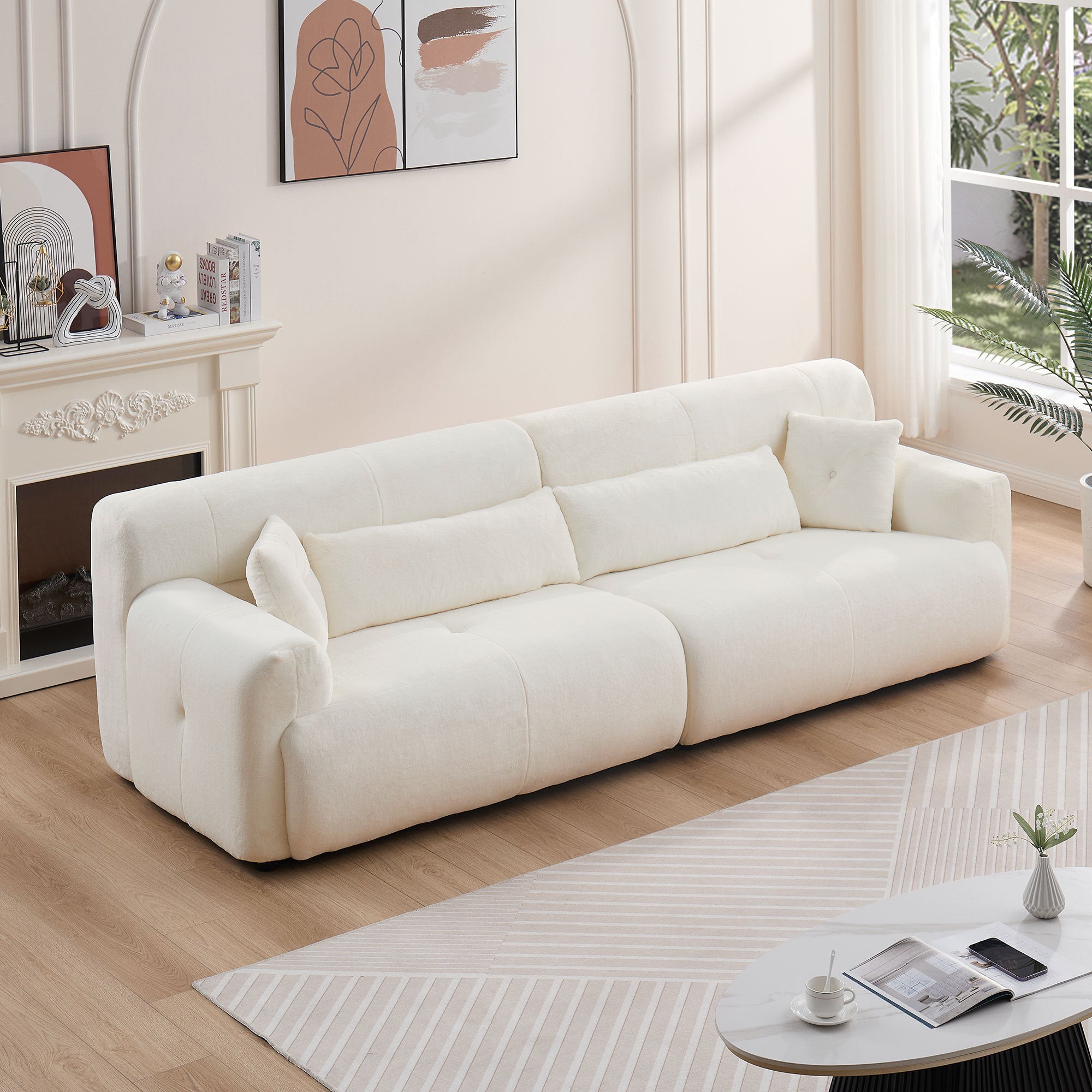 Luxurious 111.81'' Soft Thick Fuzzy Faux Rabbit Fur Couch Sofa in beige, showcasing plush faux fur upholstery and elegant design.