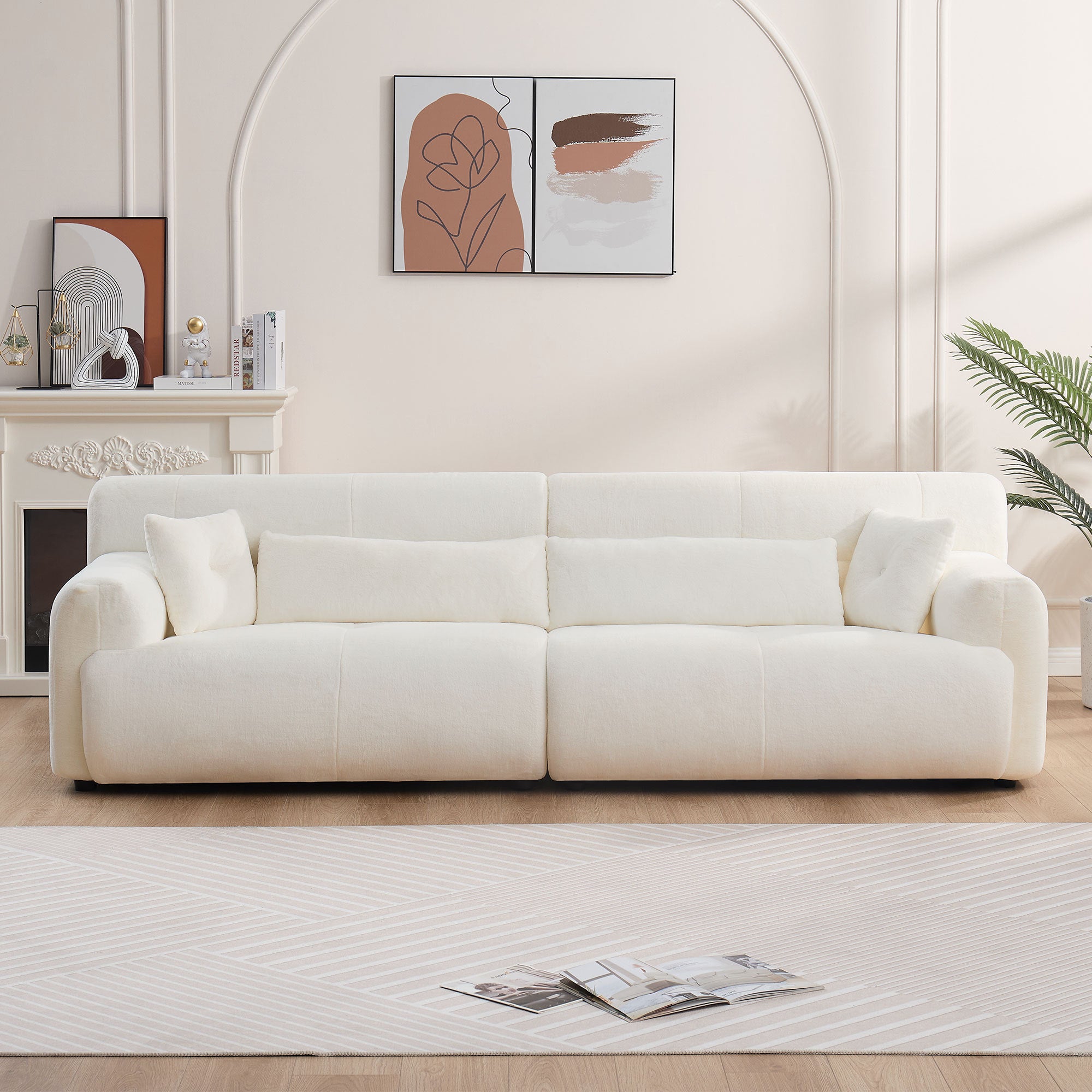 Luxurious 111.81'' Soft Thick Fuzzy Faux Rabbit Fur Couch Sofa in beige, showcasing plush faux fur upholstery and elegant design.