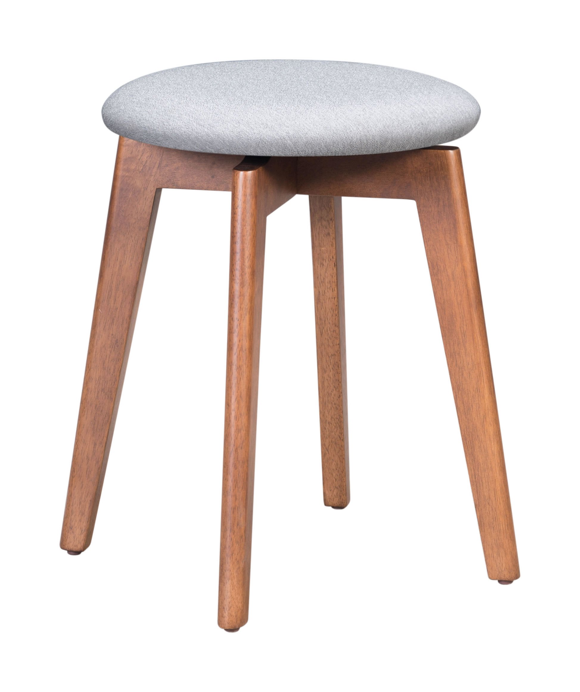 A stylish petite stool featuring a round upholstered seat in light gray, supported by a modern walnut wood base, perfect for home or office use.