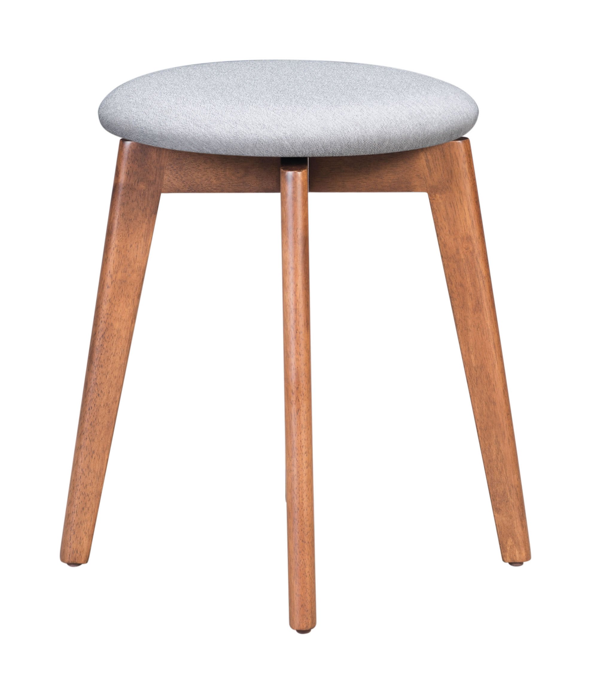 A stylish petite stool featuring a round upholstered seat in light gray, supported by a modern walnut wood base, perfect for home or office use.