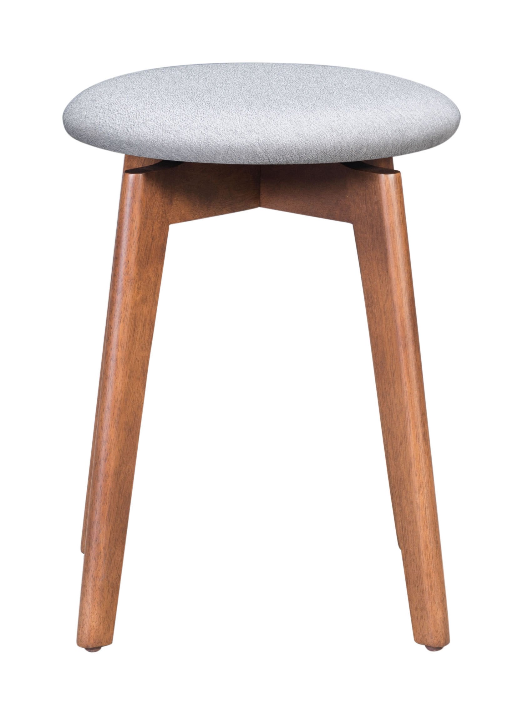 A stylish petite stool featuring a round upholstered seat in light gray, supported by a modern walnut wood base, perfect for home or office use.