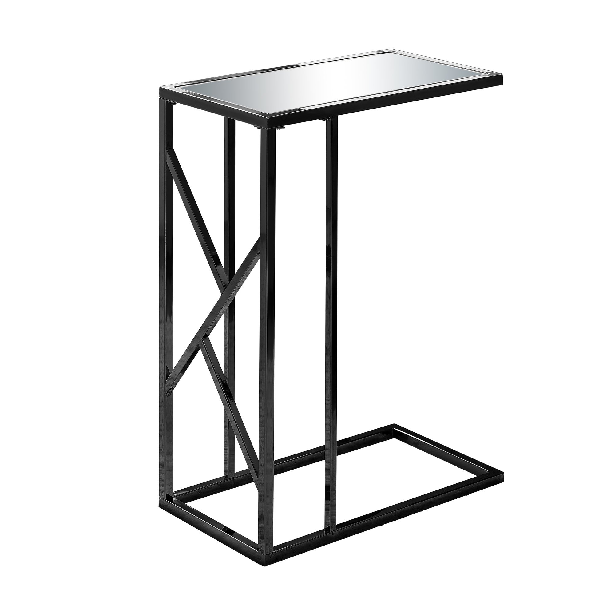 Elegant black metal and glass accent table with particle board, perfect for living room decor.