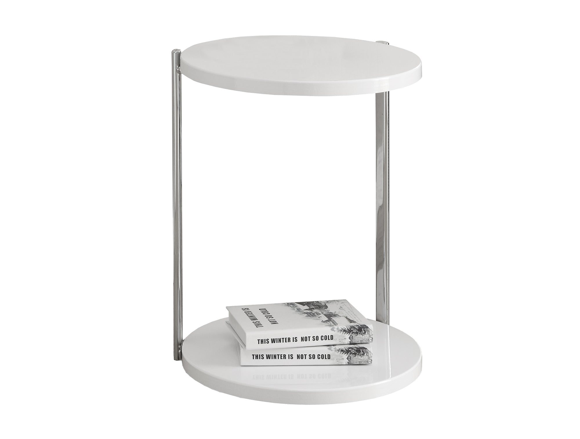 Elegant white finish laminate metal accent table, measuring 18.25 inches by 18.25 inches by 23.5 inches, perfect for home decor.