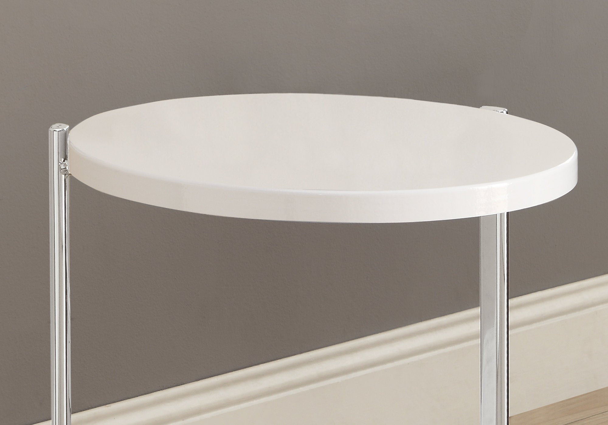 Elegant white finish laminate metal accent table, measuring 18.25 inches by 18.25 inches by 23.5 inches, perfect for home decor.