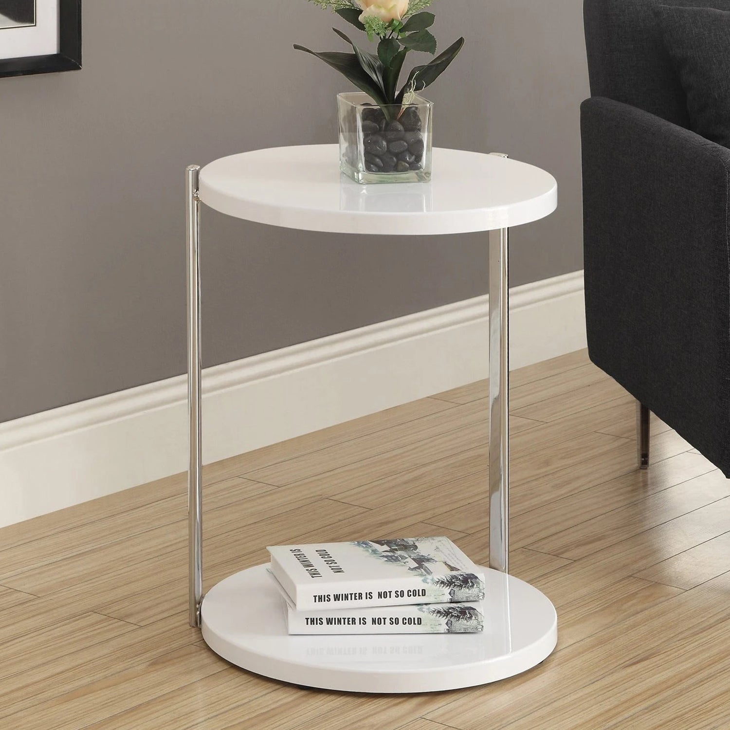 Elegant white finish laminate metal accent table, measuring 18.25 inches by 18.25 inches by 23.5 inches, perfect for home decor.