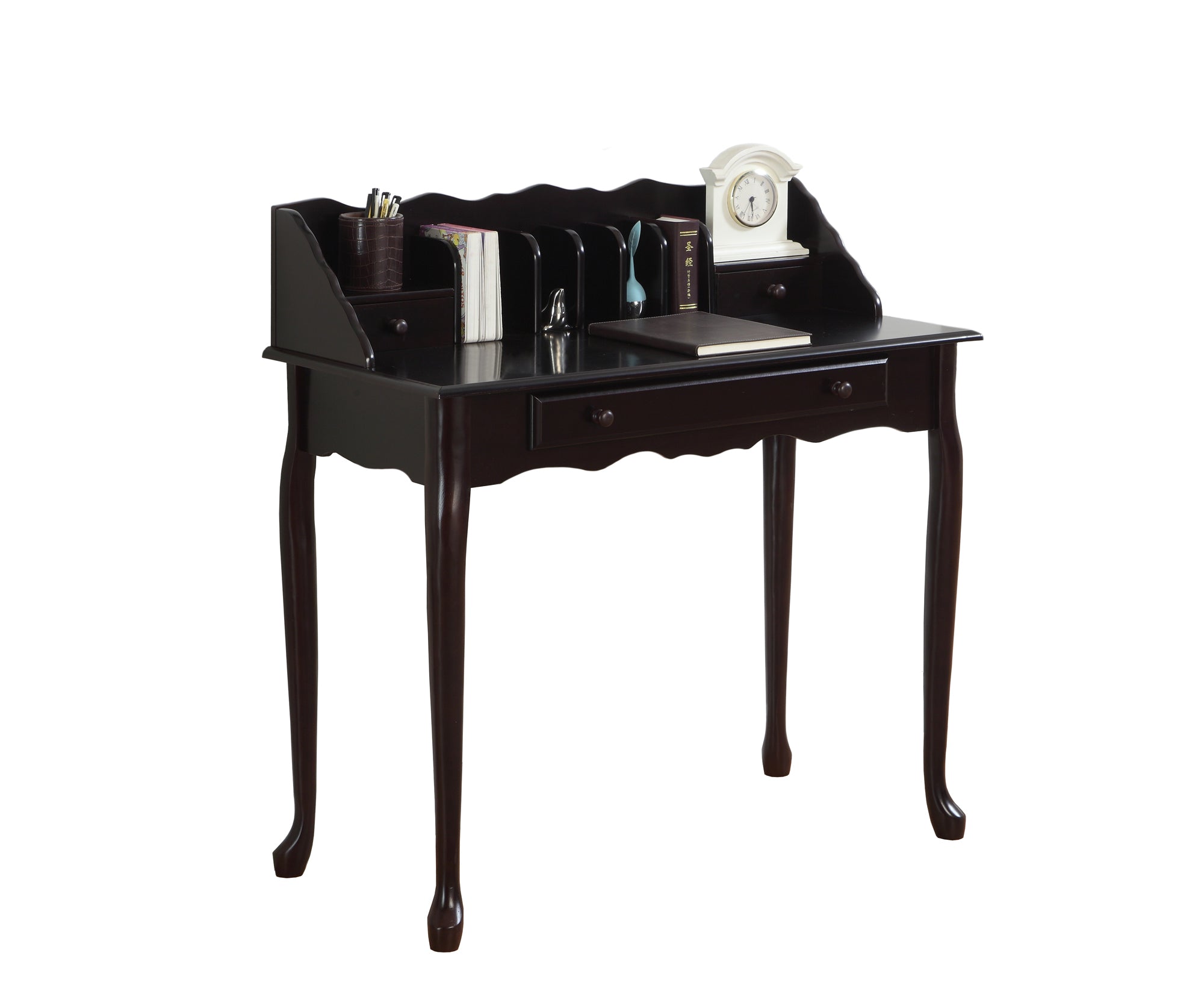 Elegant dark cherry desk measuring 18.25 inches wide, 36 inches deep, and 38 inches high, showcasing a glossy finish and contemporary design.