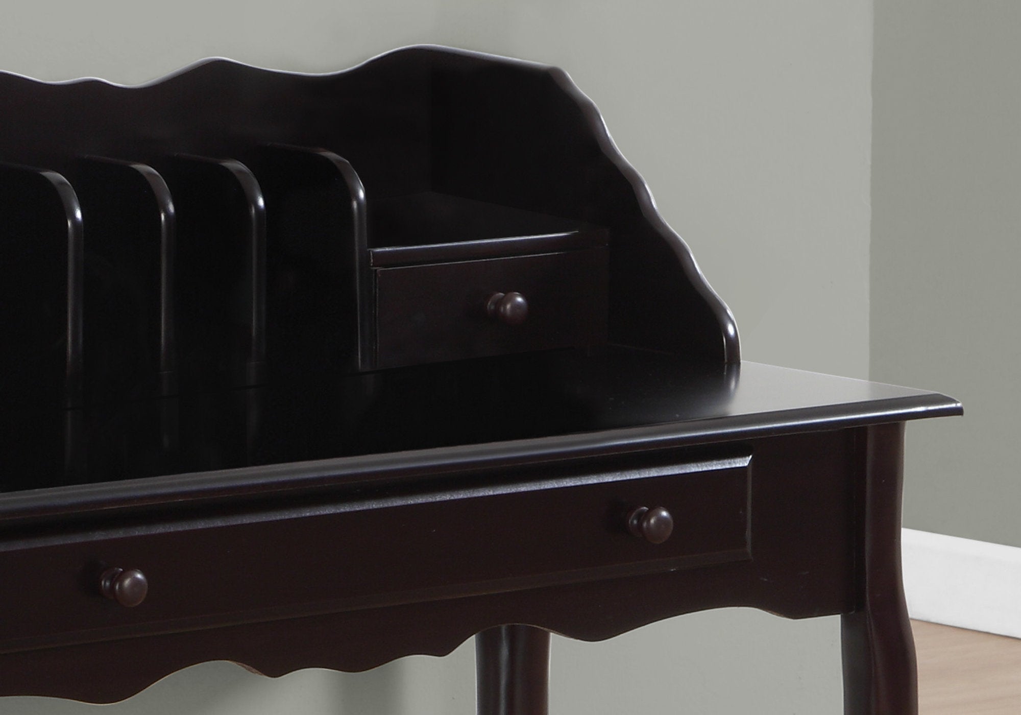 Elegant dark cherry desk measuring 18.25 inches wide, 36 inches deep, and 38 inches high, showcasing a glossy finish and contemporary design.