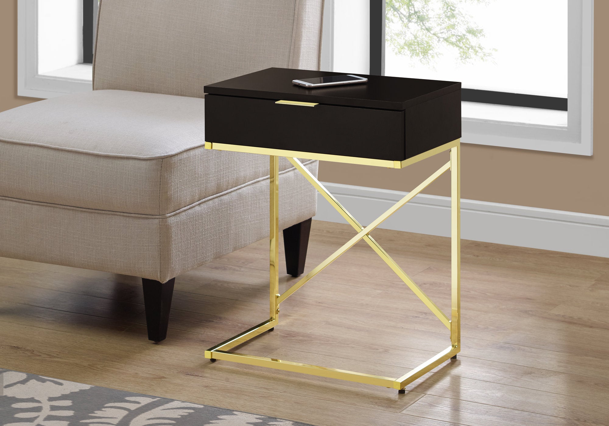 Elegant cappuccino finish gold metal accent table, perfect for living room decor.