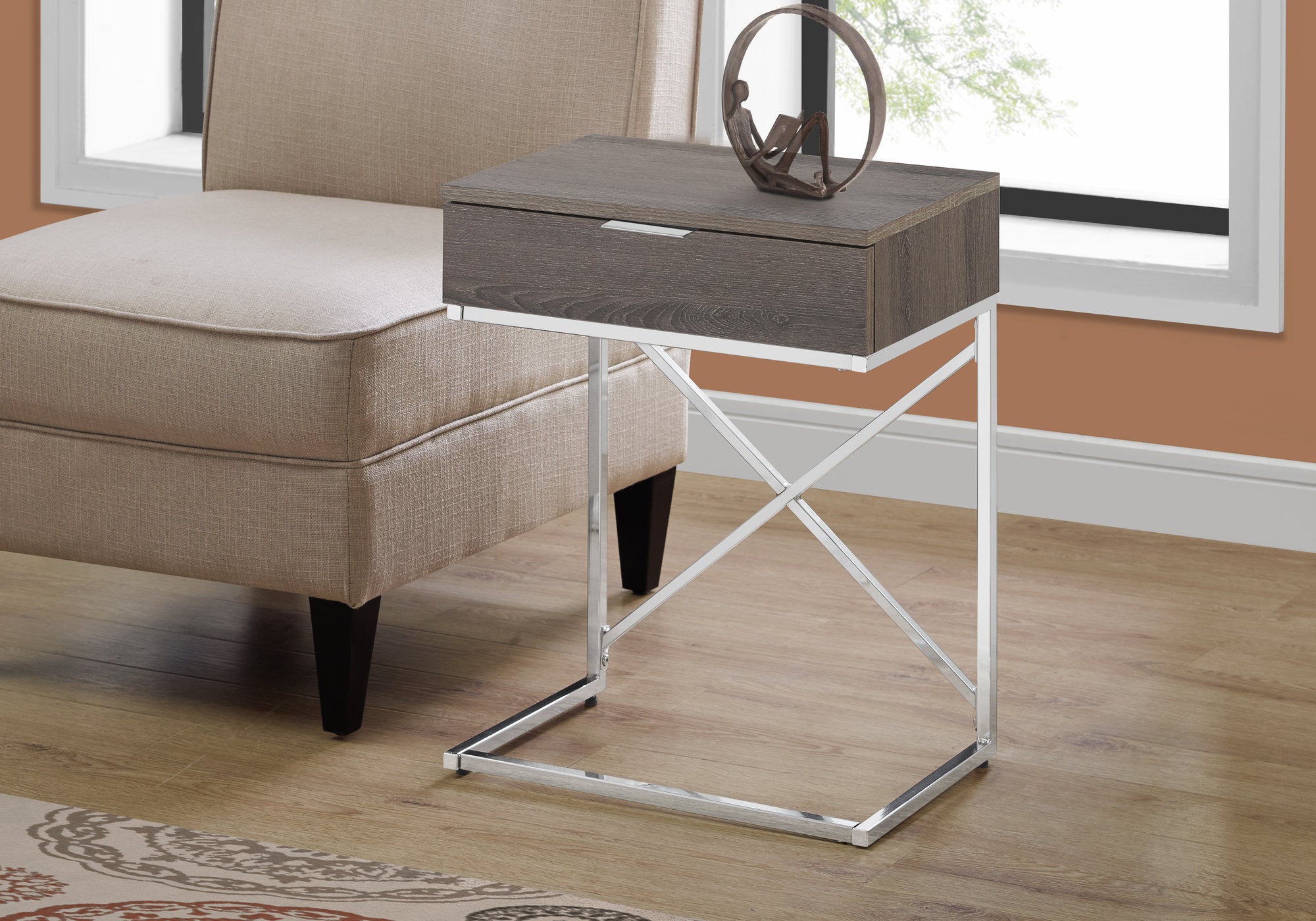 Dark Taupe Particle Board Metal Accent Table with a sleek design, perfect for living room decor.