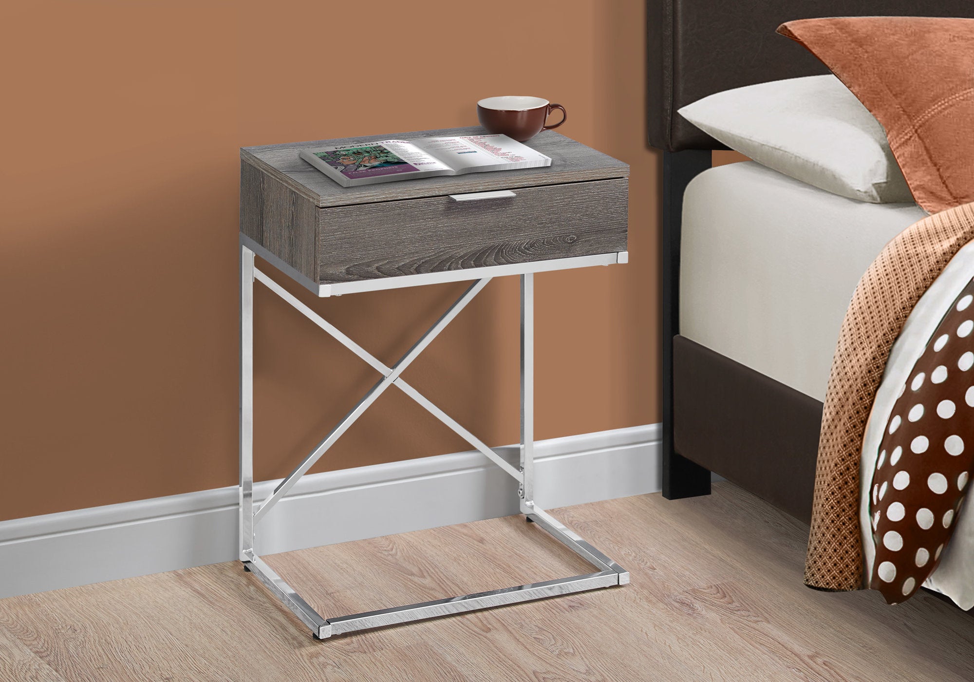 Dark Taupe Particle Board Metal Accent Table with a sleek design, perfect for living room decor.