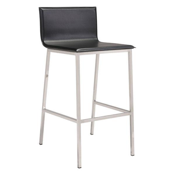 Elegant black leatherette barstool with stainless steel and bamboo frame, featuring a rich leather cushion and rustic wood seat.