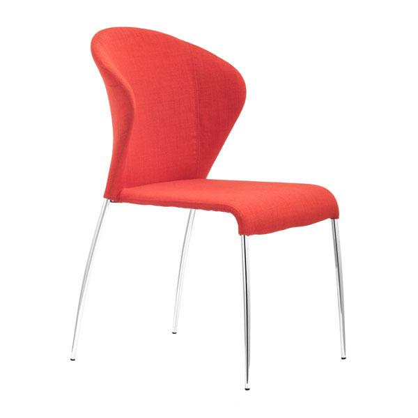 A set of four tangerine polyblend dining chairs with chromed steel legs, showcasing plush cushioning and elegant contours, perfect for modern dining spaces.