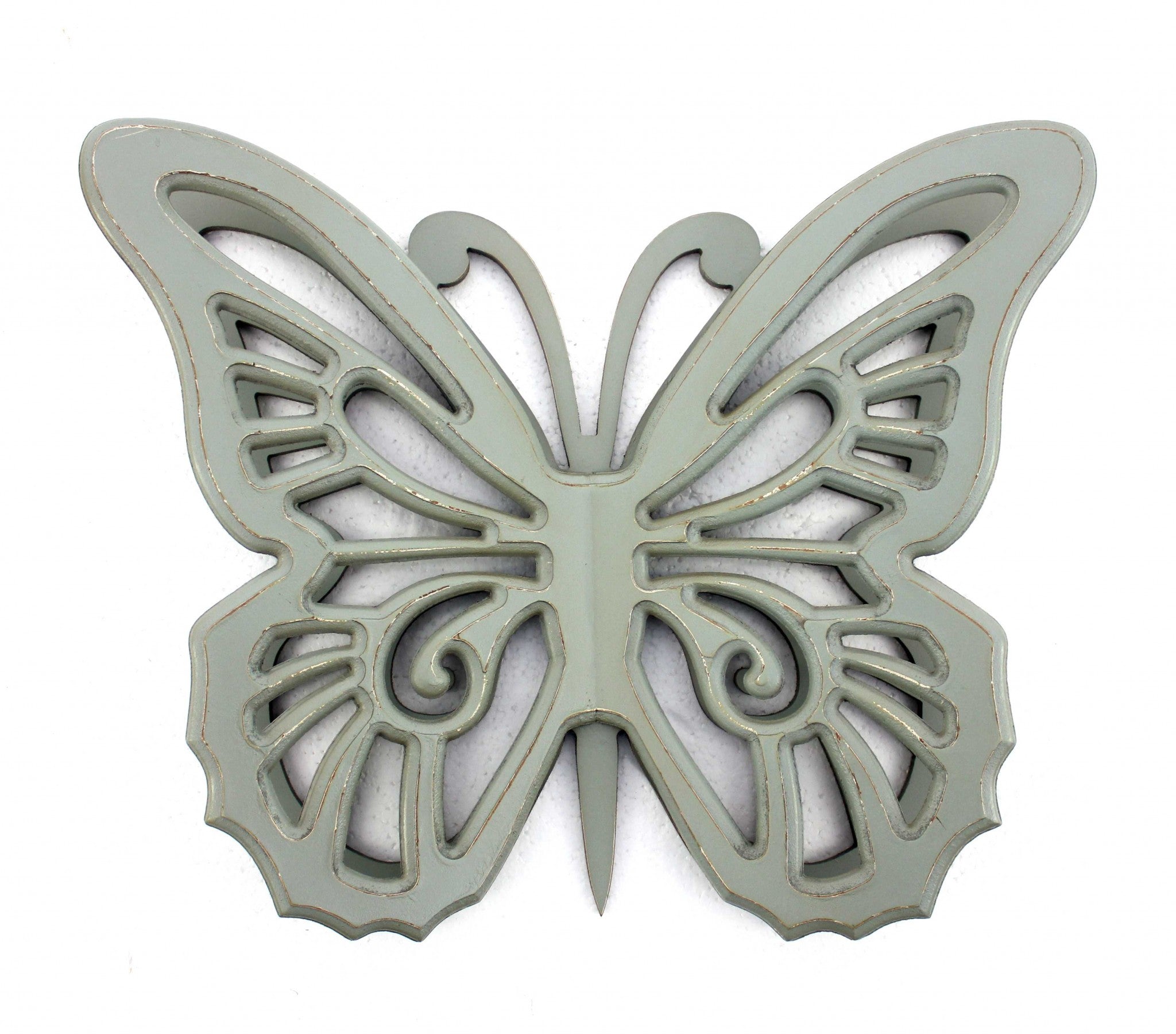 Gray rustic butterfly wooden wall decor, showcasing intricate design and elegant finish, perfect for enhancing indoor or outdoor spaces.