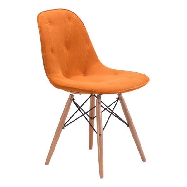 Elegant orange velour dining chair with stainless steel base and reclining feature, perfect for modern dining spaces.