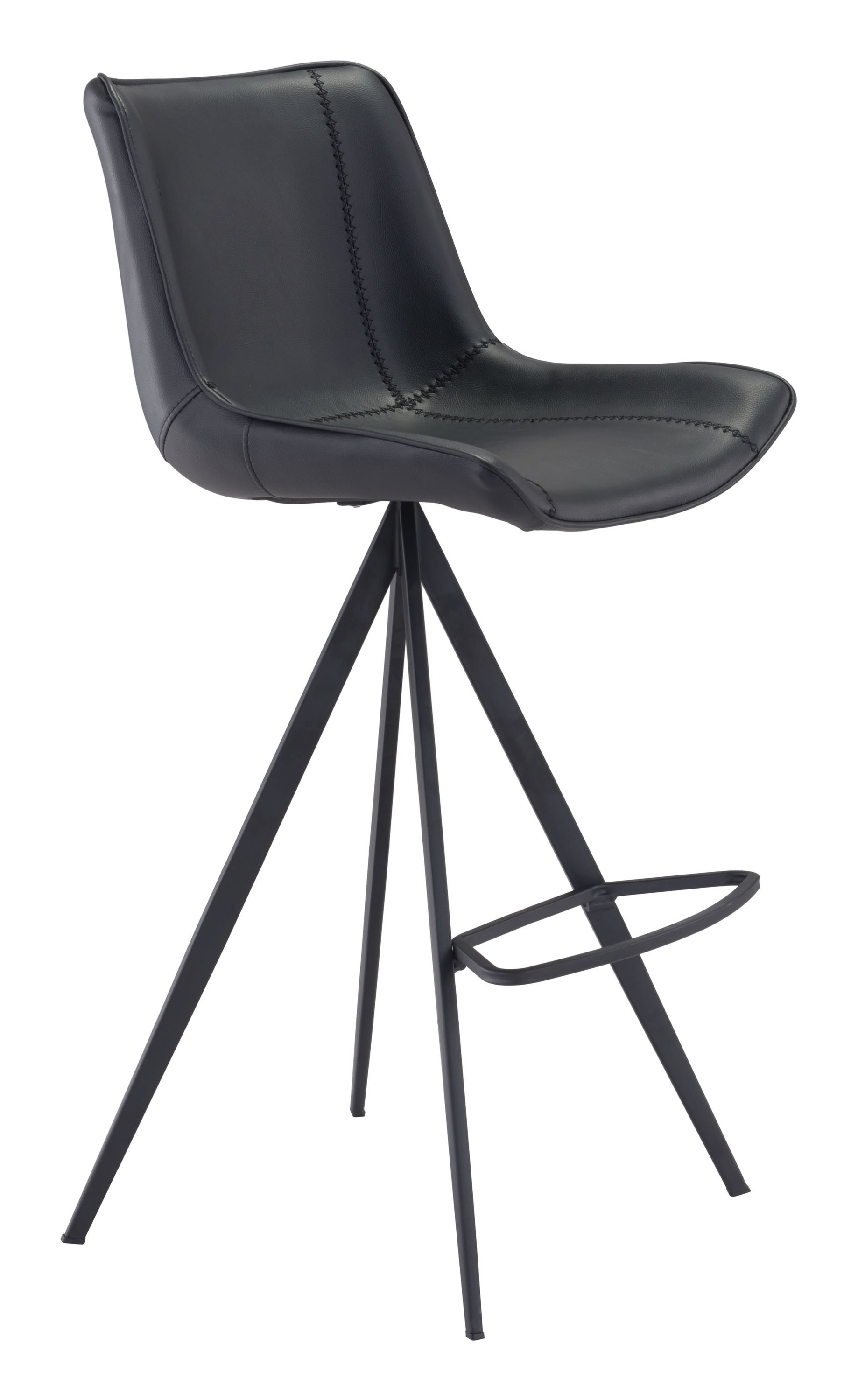 Elegant black leatherette bar chair with stainless steel accents and protective feet, designed for kitchen islands and bars.