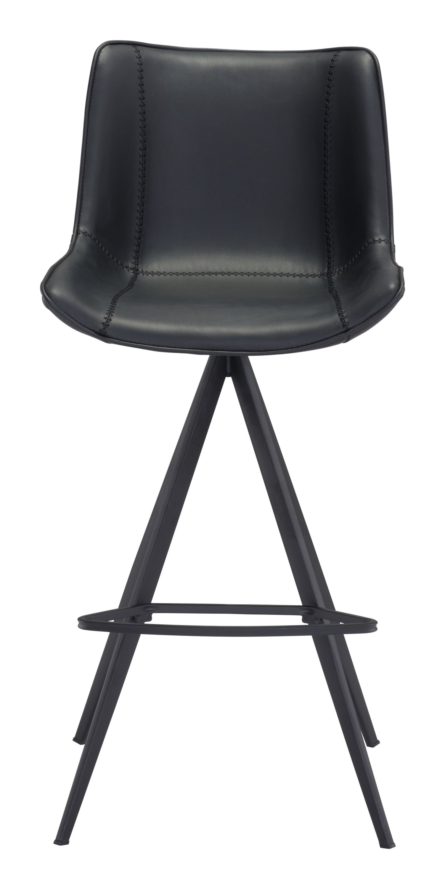 Elegant black leatherette bar chair with stainless steel accents and protective feet, designed for kitchen islands and bars.