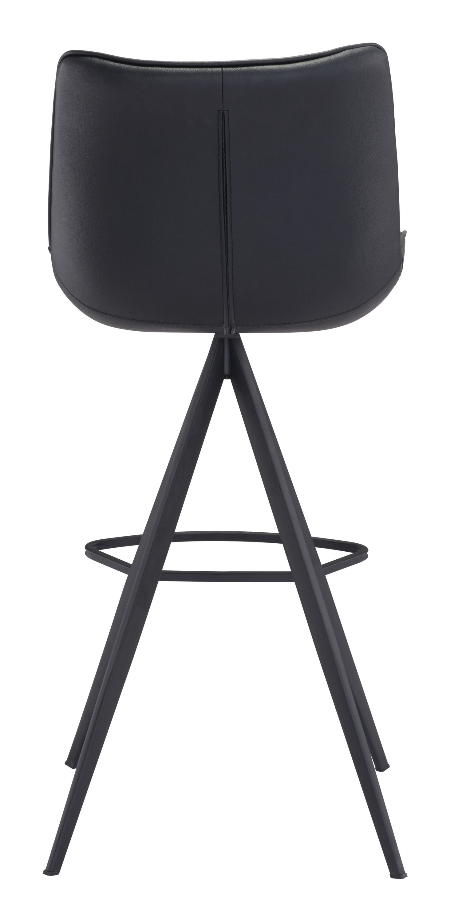 Elegant black leatherette bar chair with stainless steel accents and protective feet, designed for kitchen islands and bars.