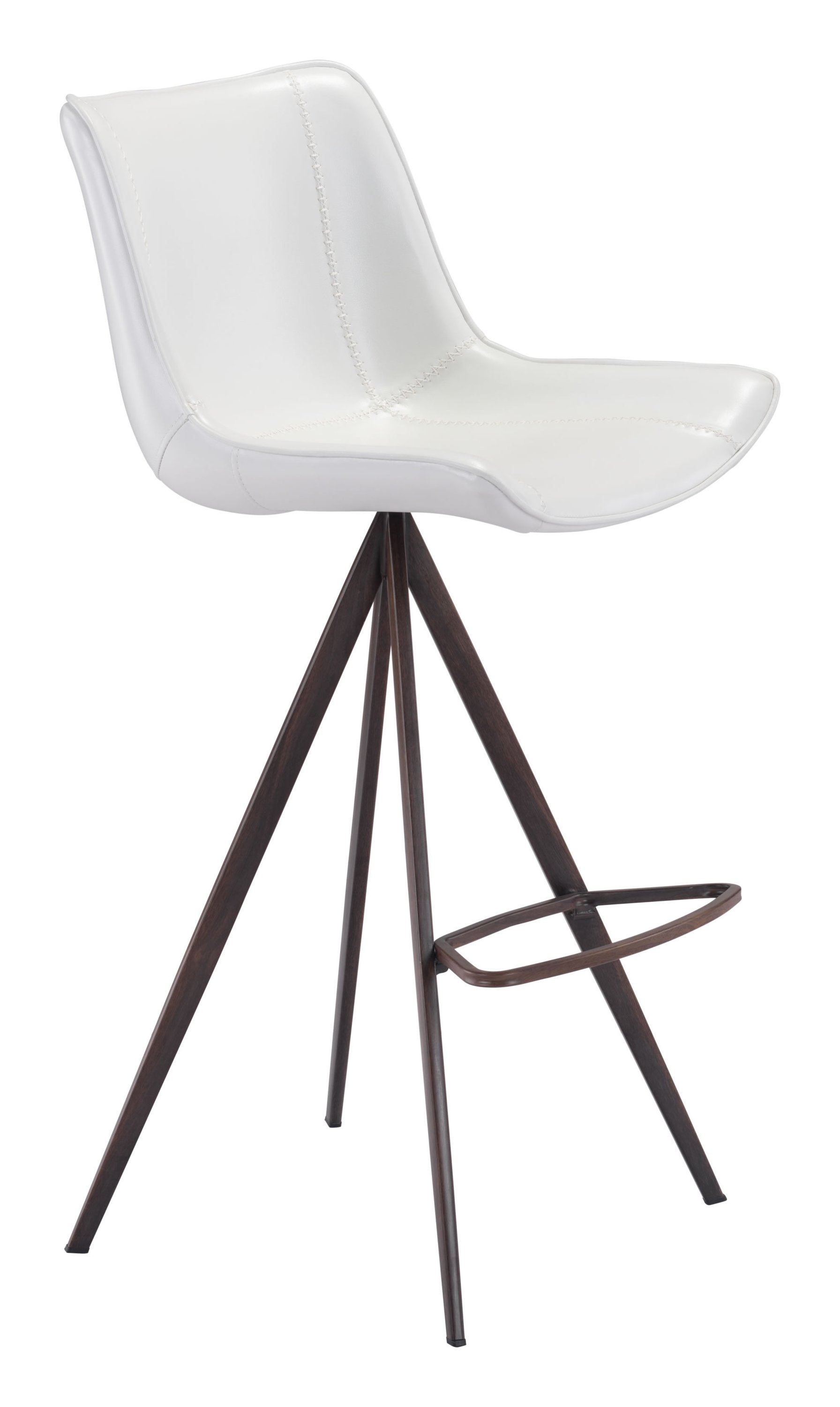 Stylish white and walnut bar chair with leatherette seat and stainless steel legs, featuring a scooped design and protective plastic feet.