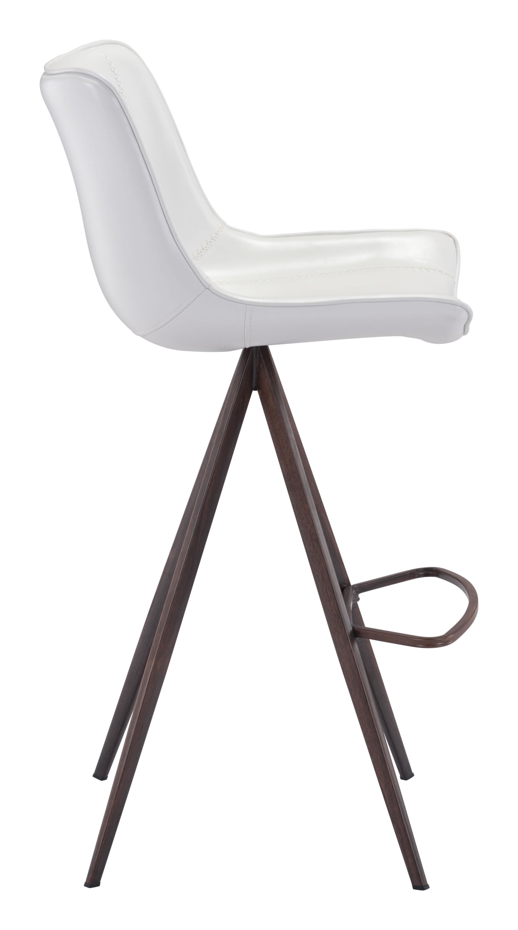 Stylish white and walnut bar chair with leatherette seat and stainless steel legs, featuring a scooped design and protective plastic feet.