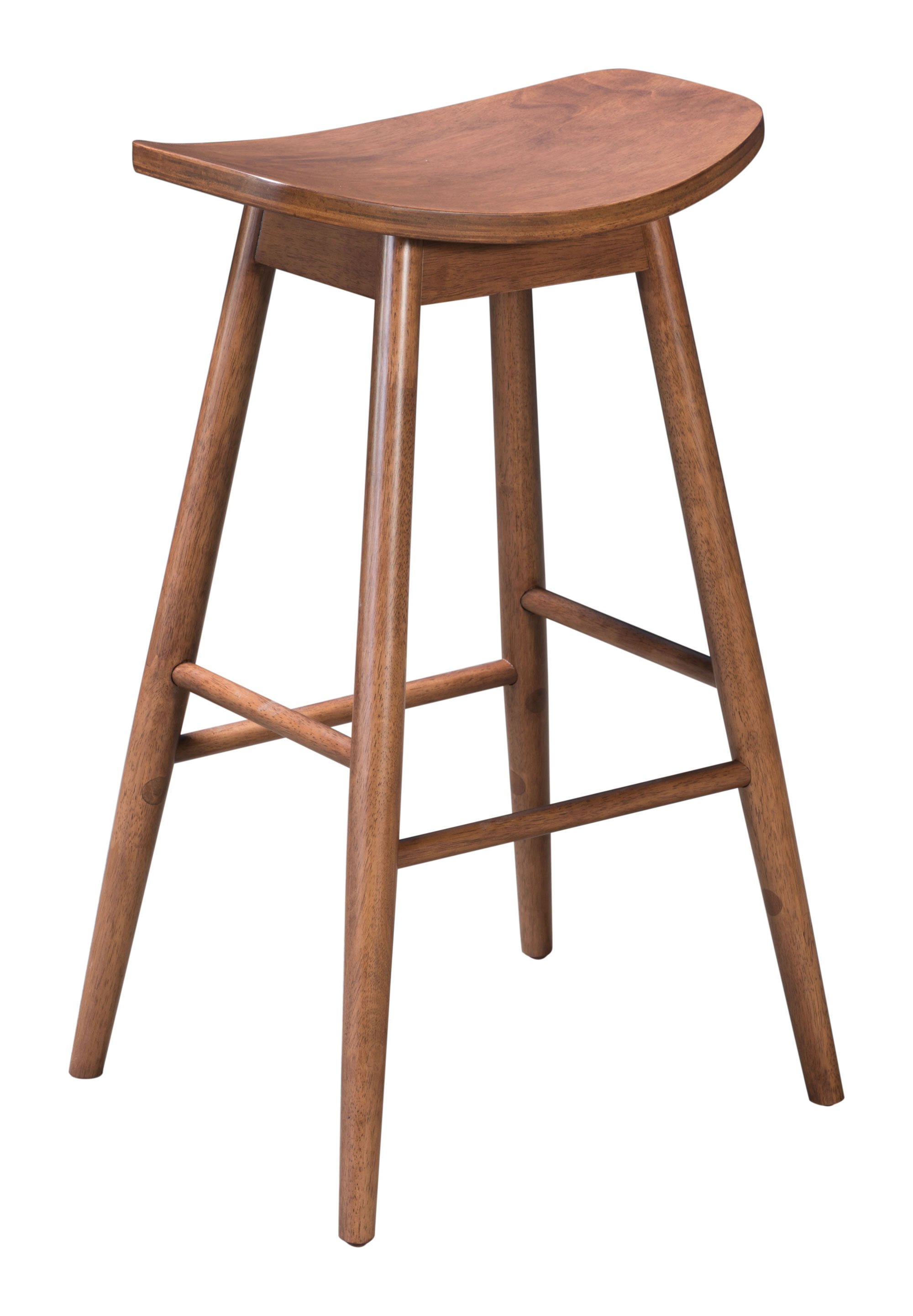 Elegant walnut wood veneer barstool set with contoured design and footrest.