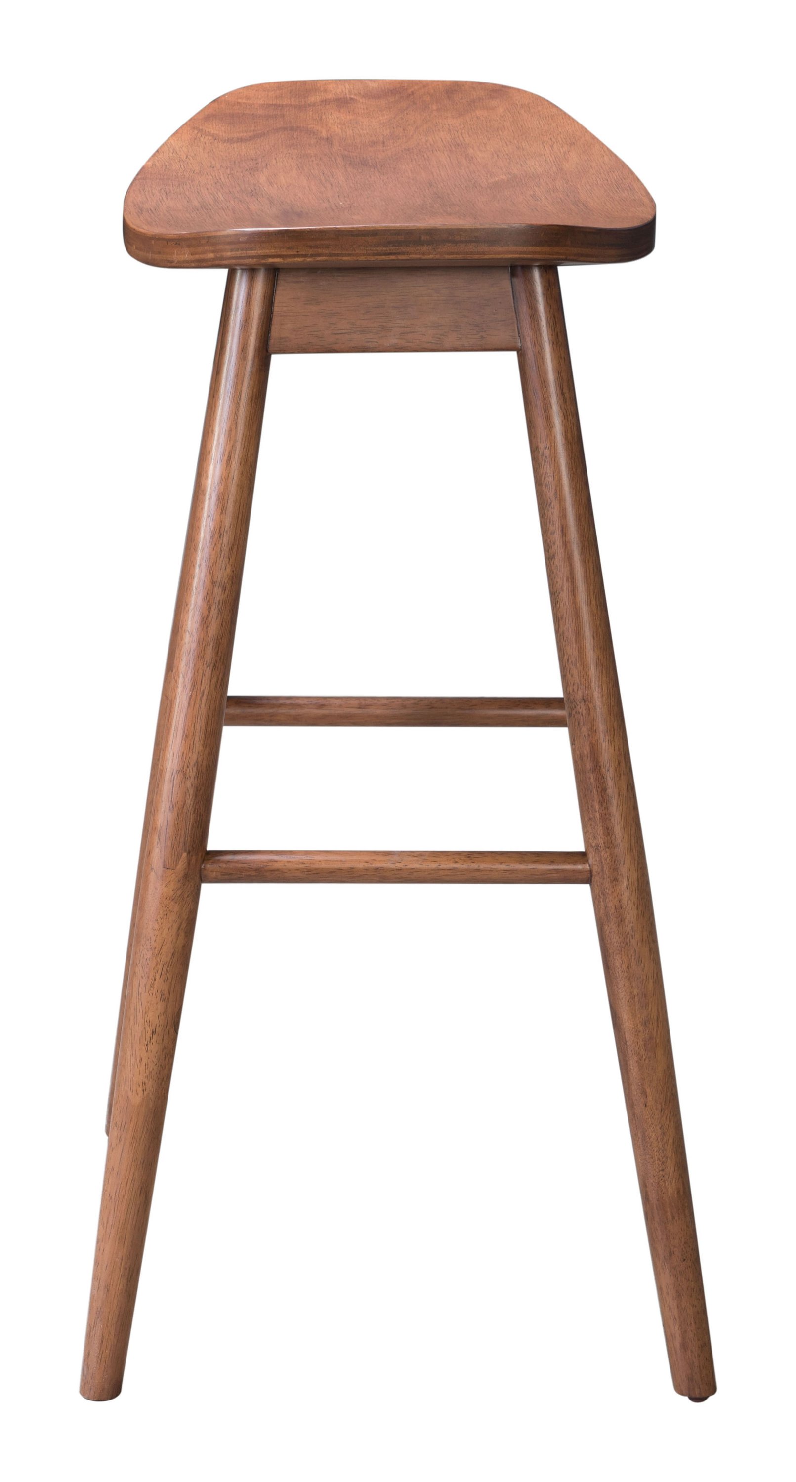 Elegant walnut wood veneer barstool set with contoured design and footrest.