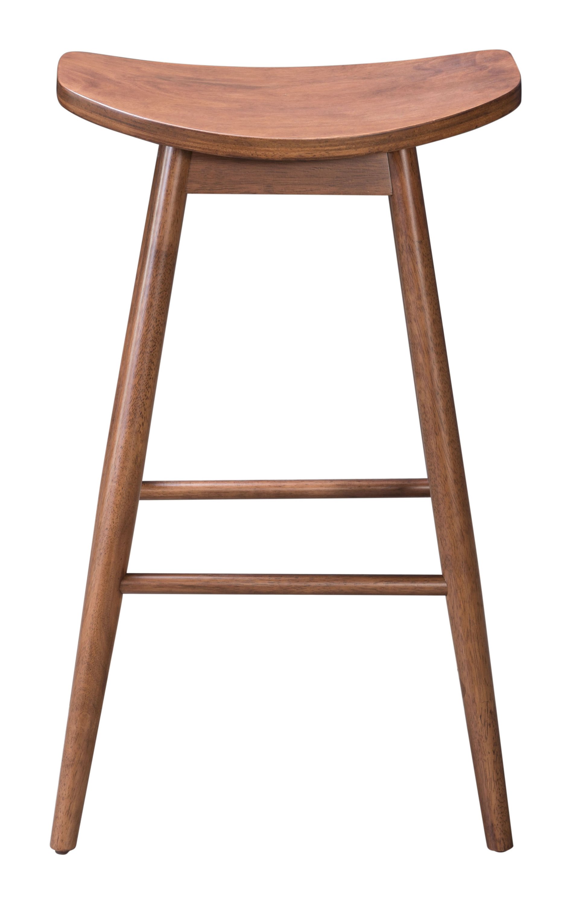 Elegant walnut wood veneer barstool set with contoured design and footrest.