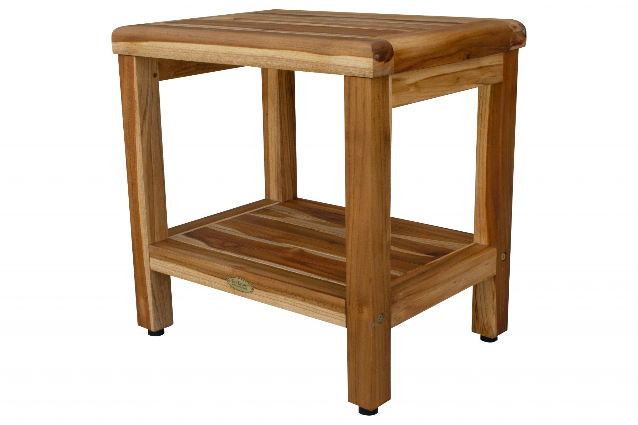 18-inch contemporary teak shower stool with a natural finish and utility shelf, designed for compact spaces.