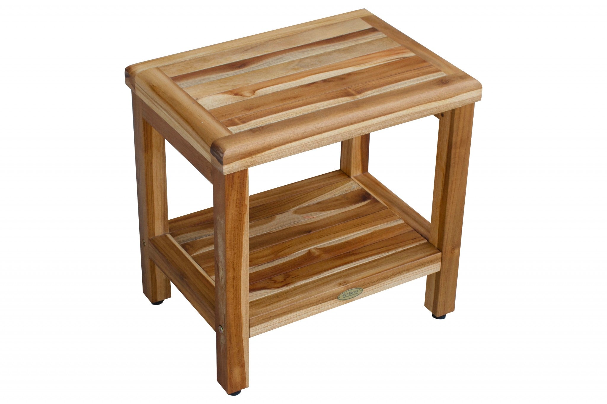 18-inch contemporary teak shower stool with a natural finish and utility shelf, designed for compact spaces.