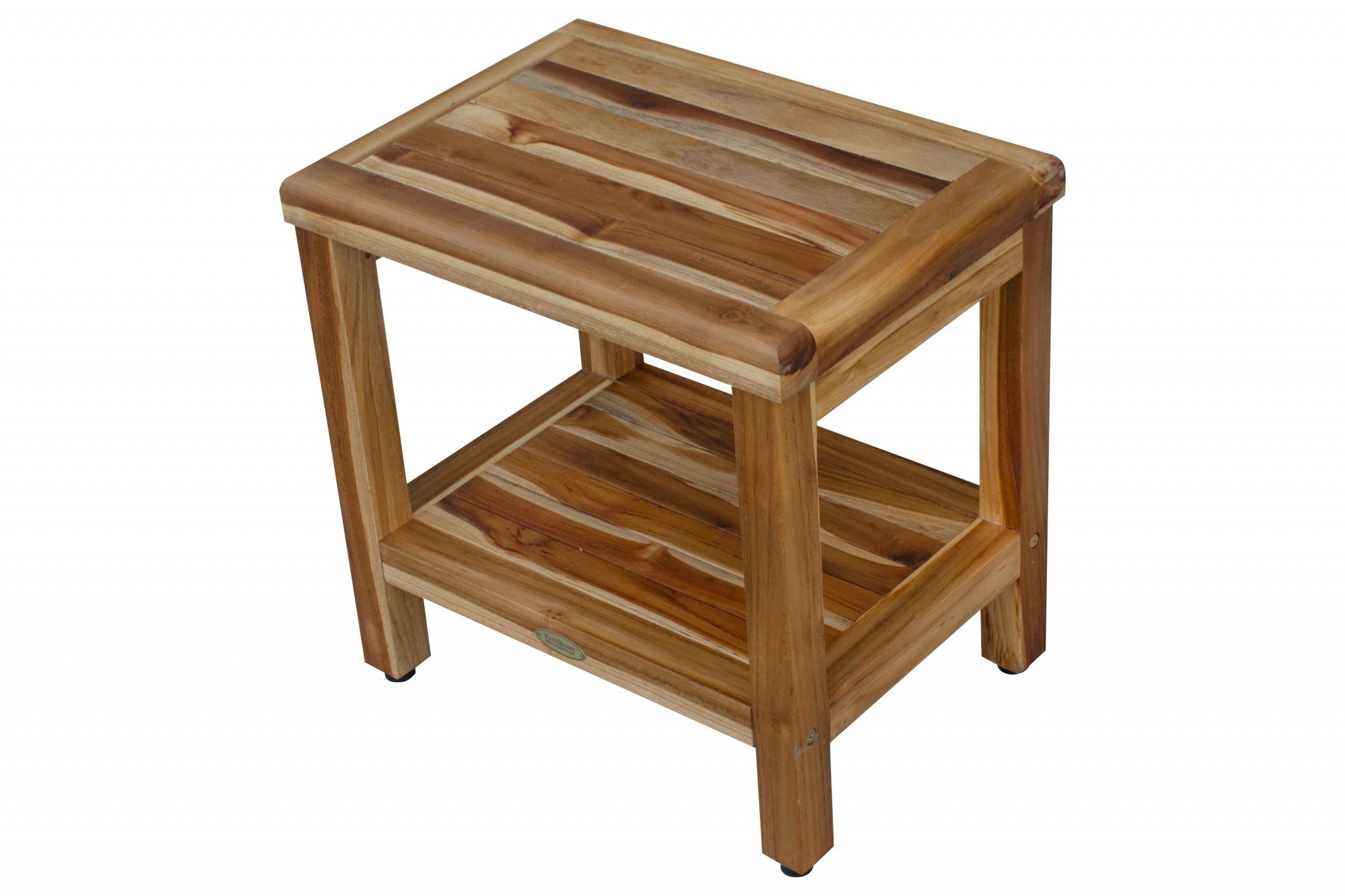 18-inch contemporary teak shower stool with a natural finish and utility shelf, designed for compact spaces.