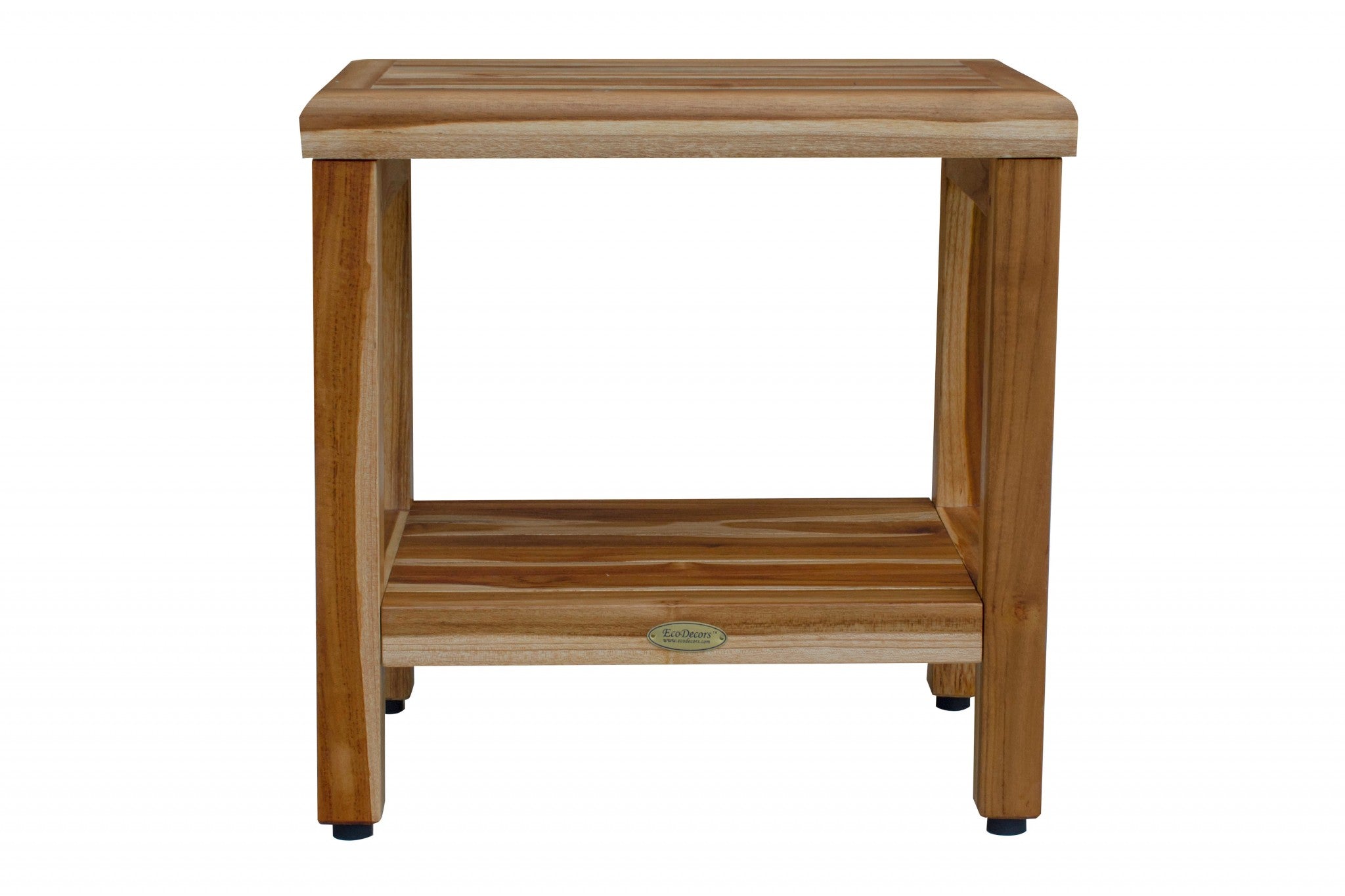 18-inch contemporary teak shower stool with a natural finish and utility shelf, designed for compact spaces.