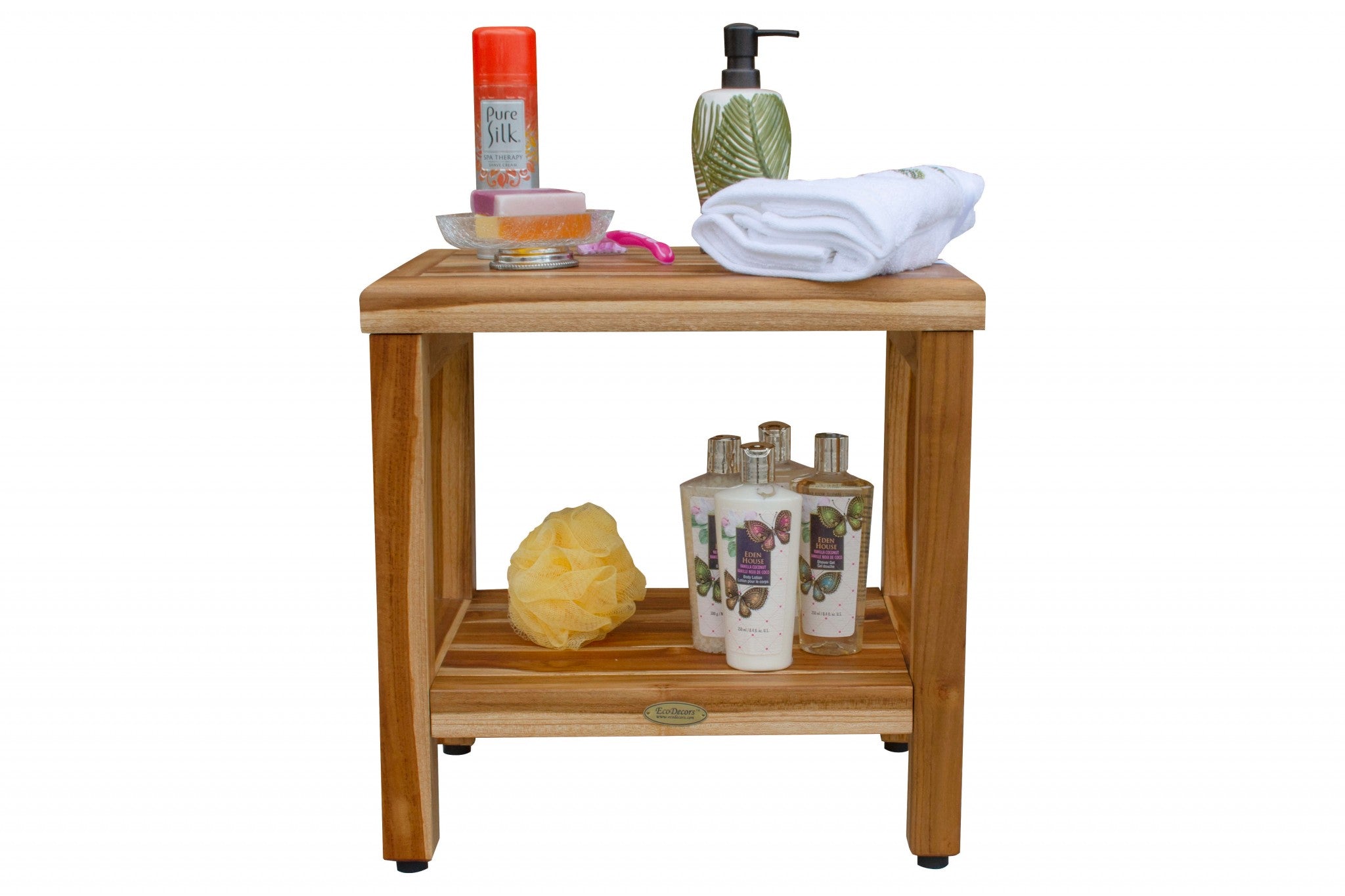 18-inch contemporary teak shower stool with a natural finish and utility shelf, designed for compact spaces.