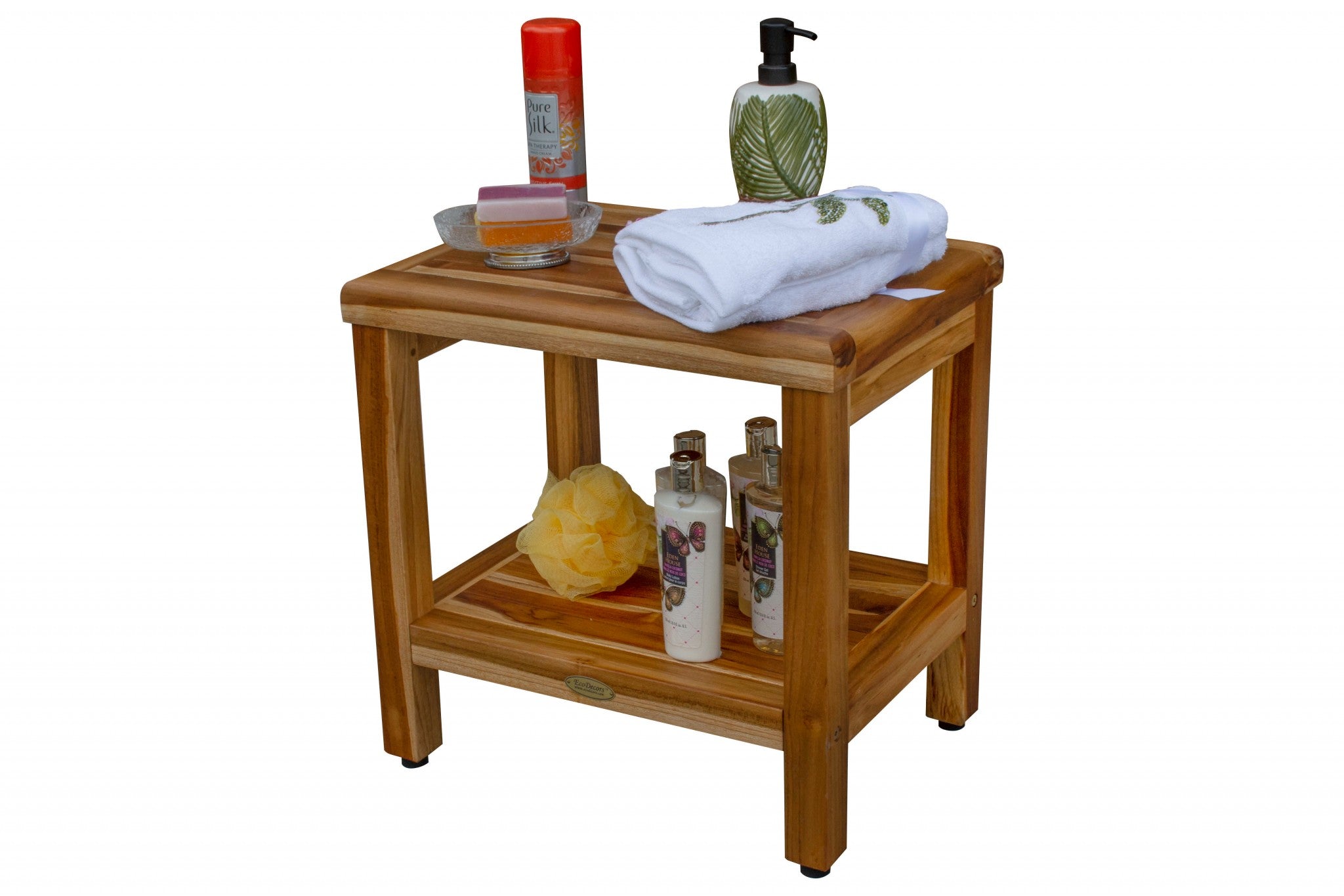 18-inch contemporary teak shower stool with a natural finish and utility shelf, designed for compact spaces.