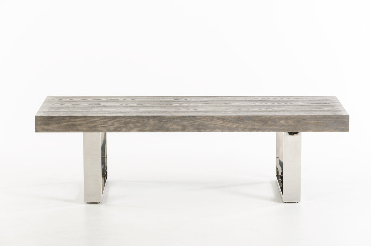 Elegant 18-inch grey brush veneer and stainless steel bench showcasing modern design and sturdy construction.