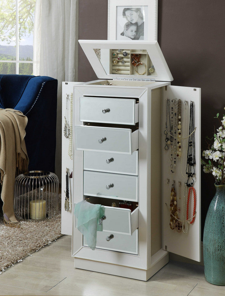 Elegant white jewelry armoire with six drawers, two side doors, and a raised mirror, perfect for organizing jewelry in a stylish way.