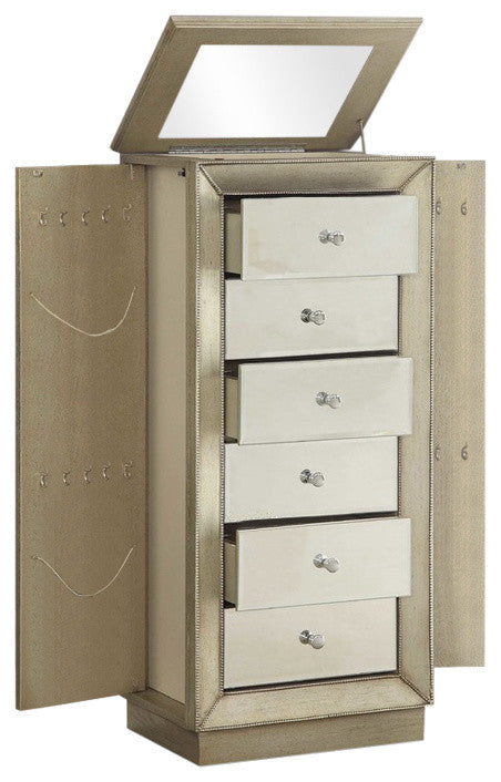 Elegant white jewelry armoire with six drawers, two side doors, and a raised mirror, perfect for organizing jewelry in a stylish way.