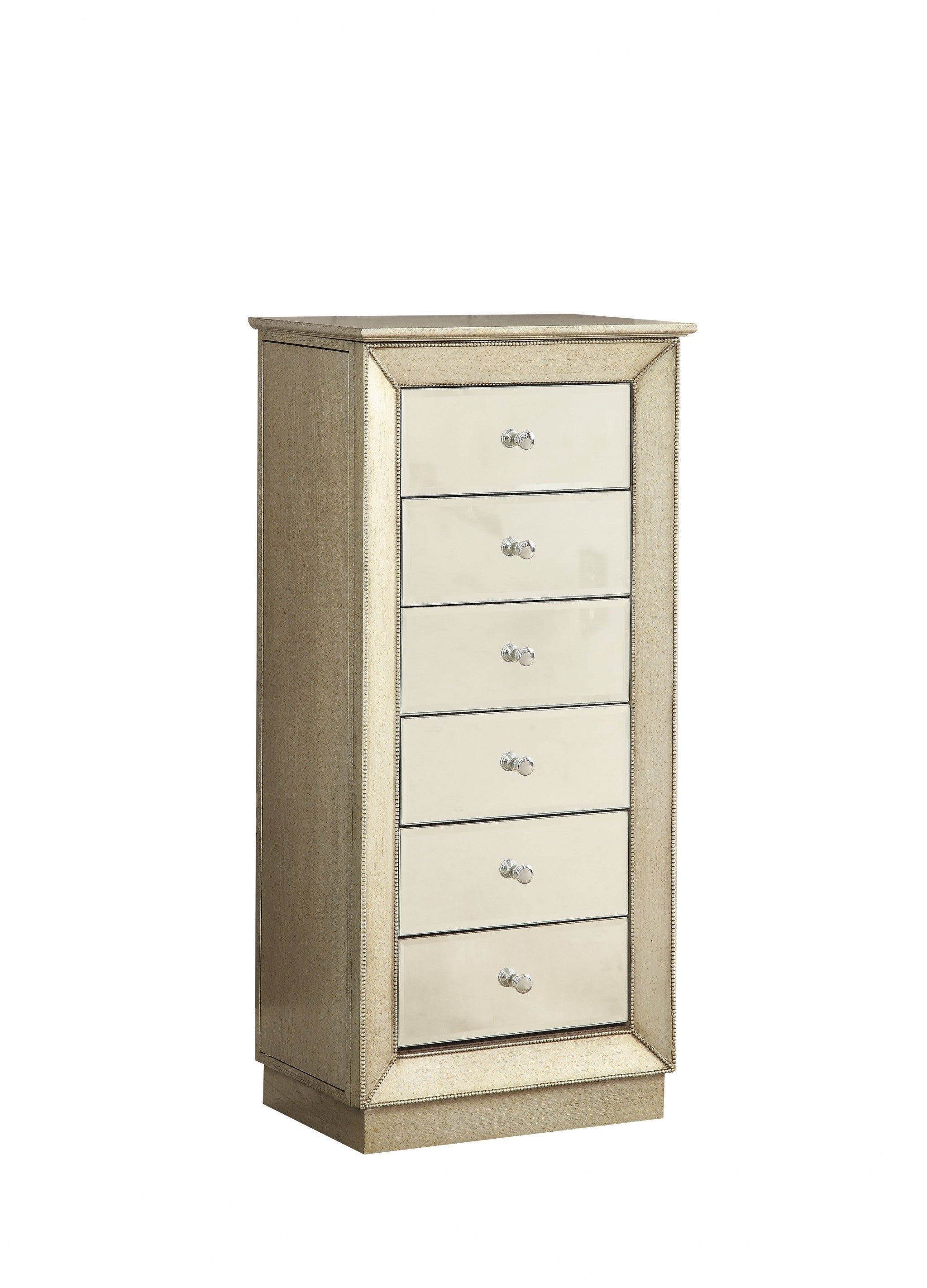 Elegant white jewelry armoire with six drawers, two side doors, and a raised mirror, perfect for organizing jewelry in a stylish way.