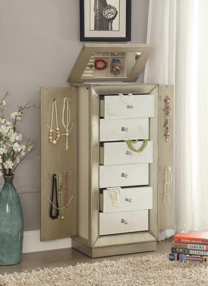 Elegant white jewelry armoire with six drawers, two side doors, and a raised mirror, perfect for organizing jewelry in a stylish way.