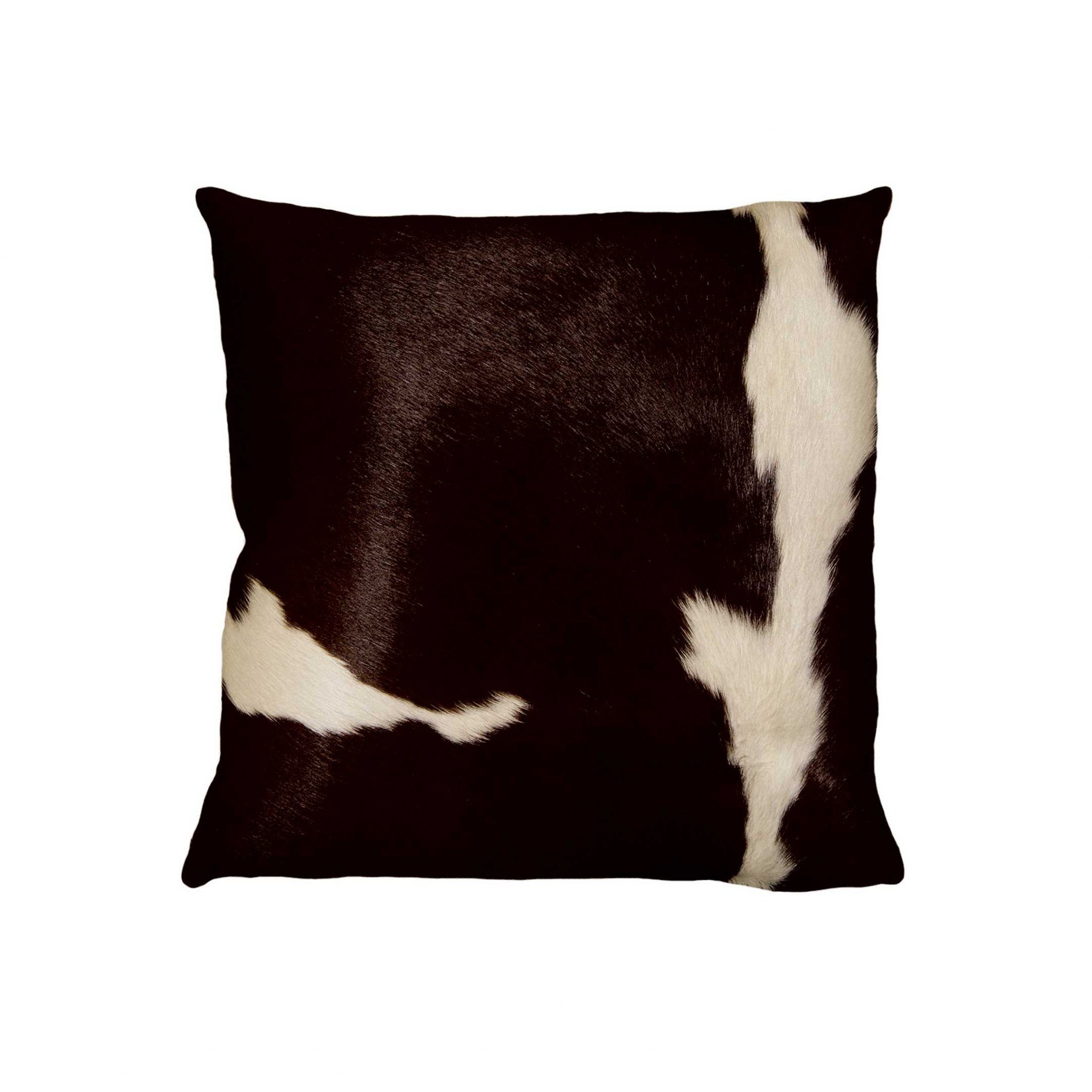 Luxurious 18x18 black cowhide pillow with unique mottling and soft microsuede backing, featuring a hidden zipper closure.