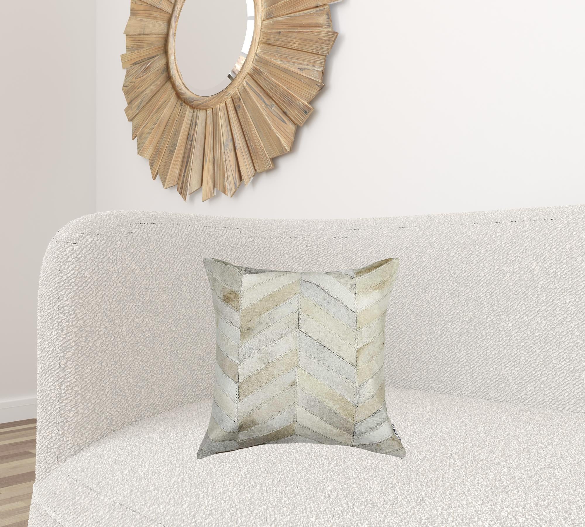 Luxurious 18x18 Enchanting Natural Torino Kobe Cowhide pillow showcasing unique mottling and texture, perfect for home decor.