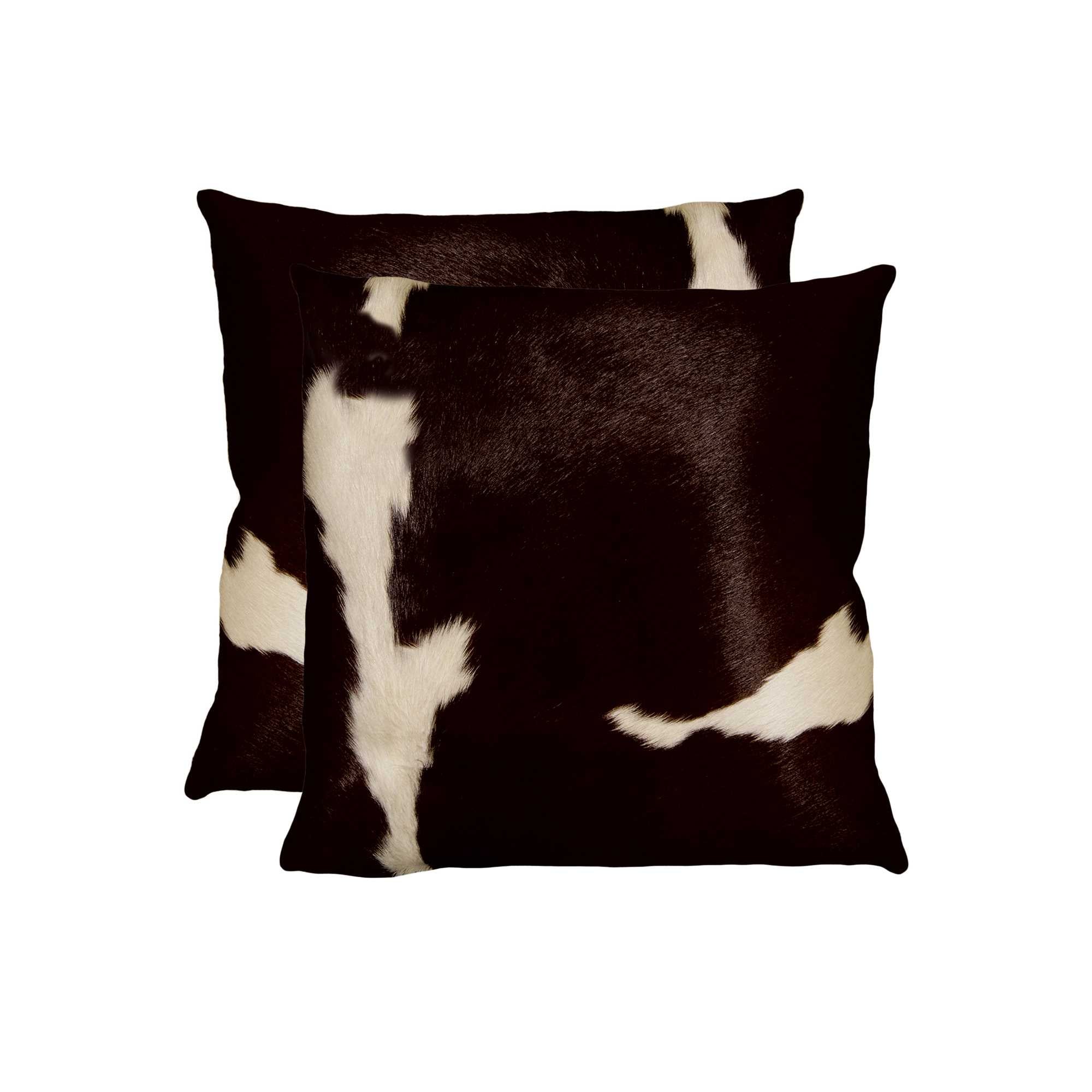 Luxurious 18x18 Gold and Chocolate Quattro Pillow set made from 100% Indian cowhide, featuring a hidden zipper and soft microsuede backing.