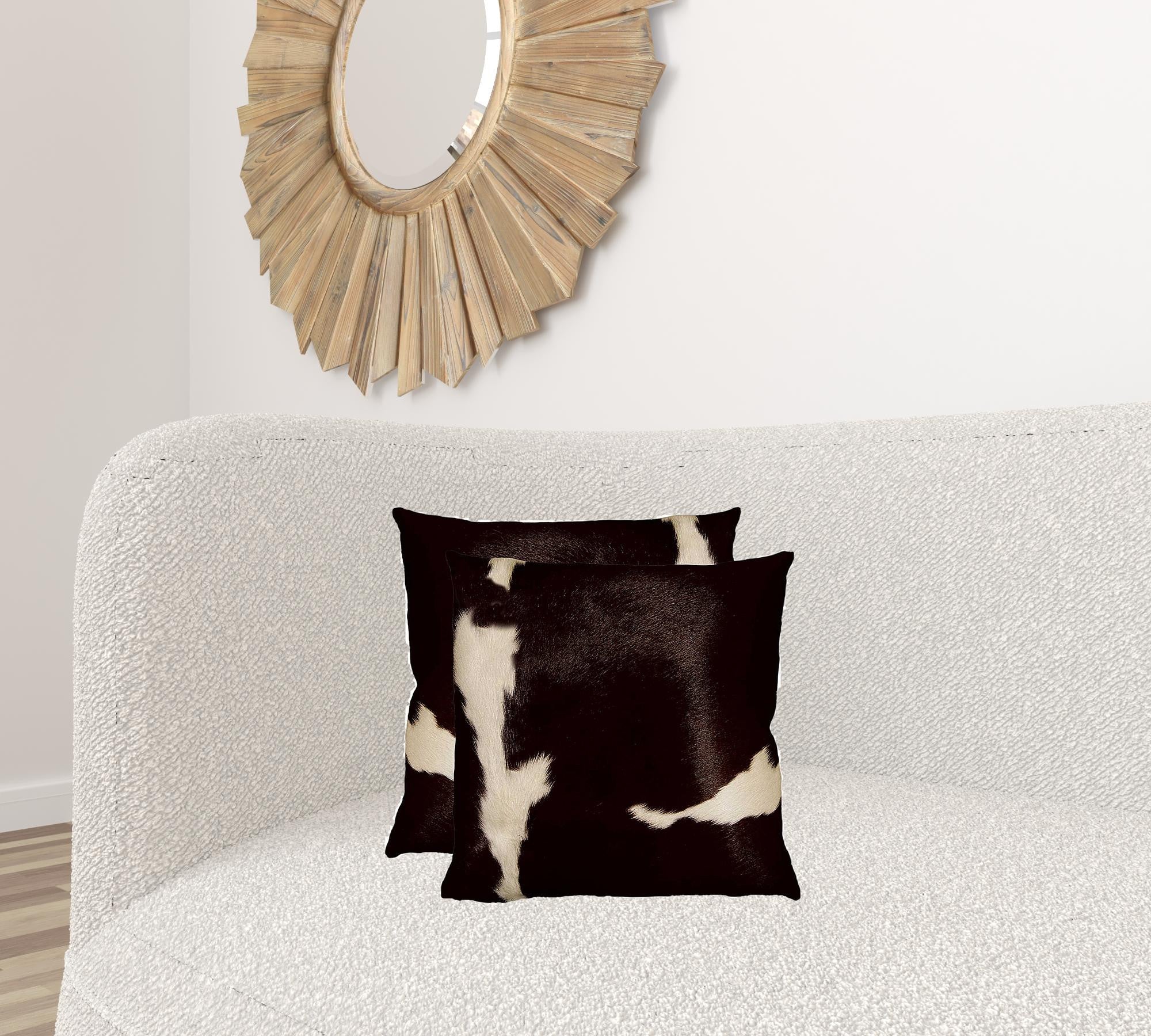 Luxurious 18x18 Gold and Chocolate Quattro Pillow set made from 100% Indian cowhide, featuring a hidden zipper and soft microsuede backing.