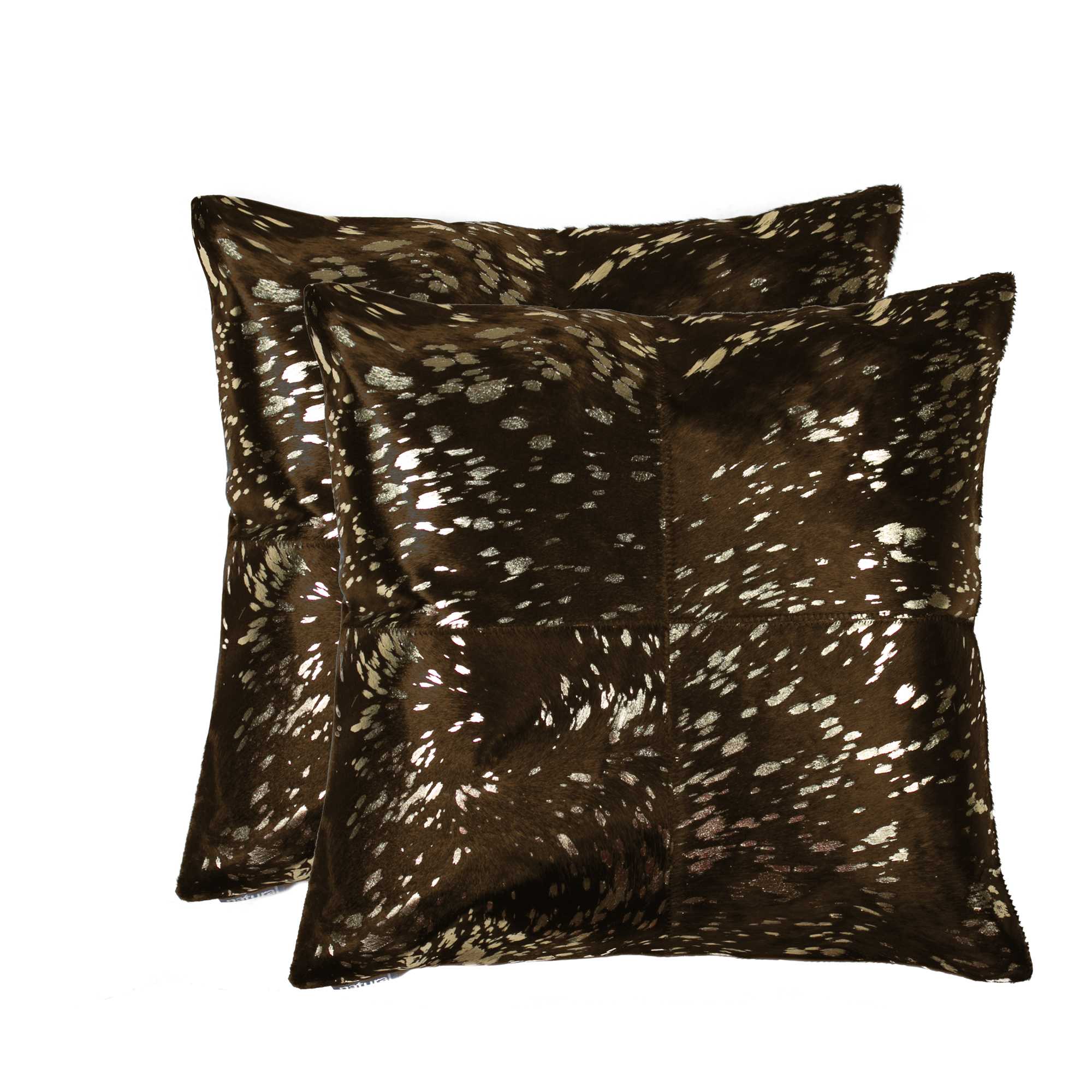 Luxurious 18x18 Gold and Chocolate Quattro Pillow set made from 100% Indian cowhide, featuring a hidden zipper and soft microsuede backing.