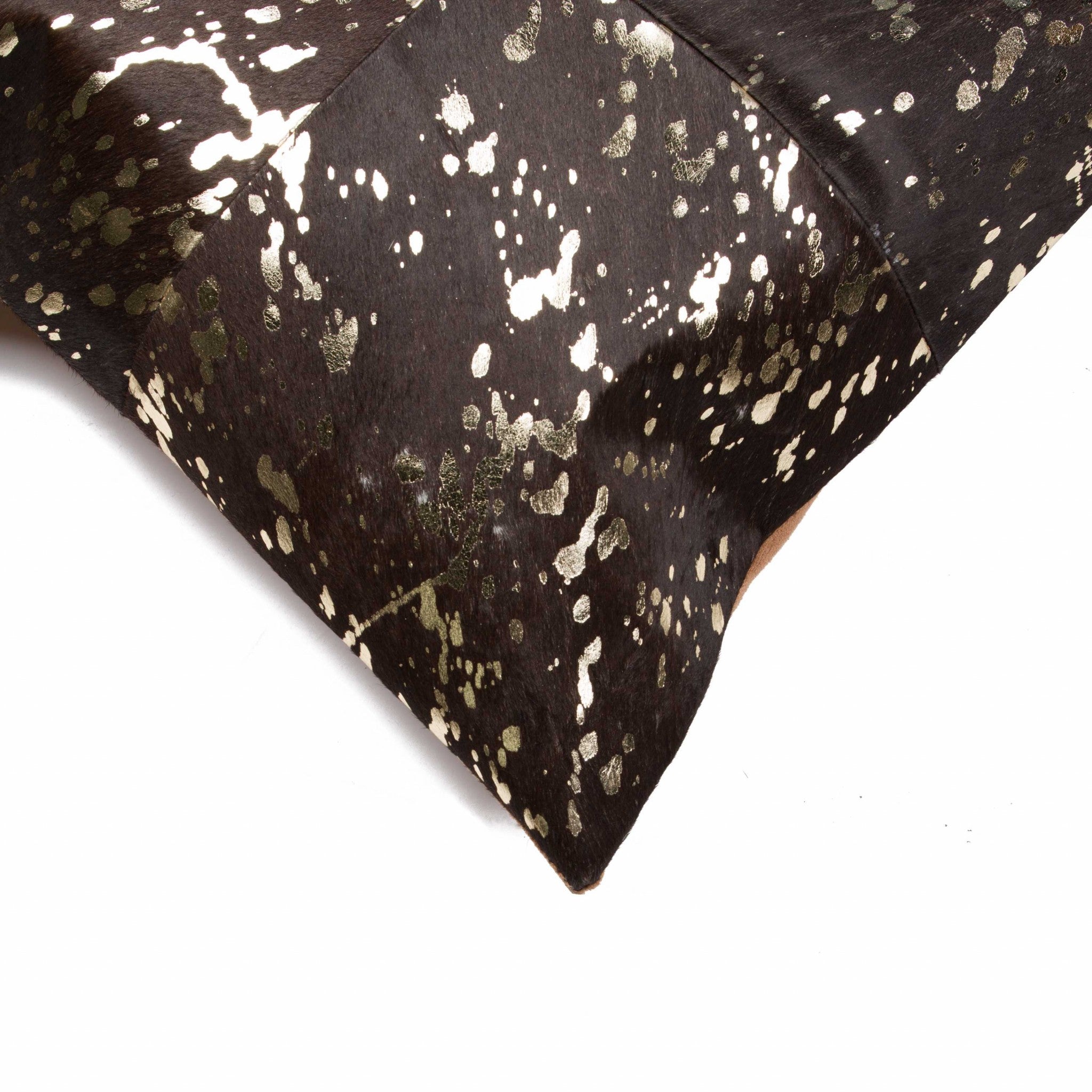 Luxurious 18x18 Gold and Chocolate Quattro Pillow set made from 100% Indian cowhide, featuring a hidden zipper and soft microsuede backing.