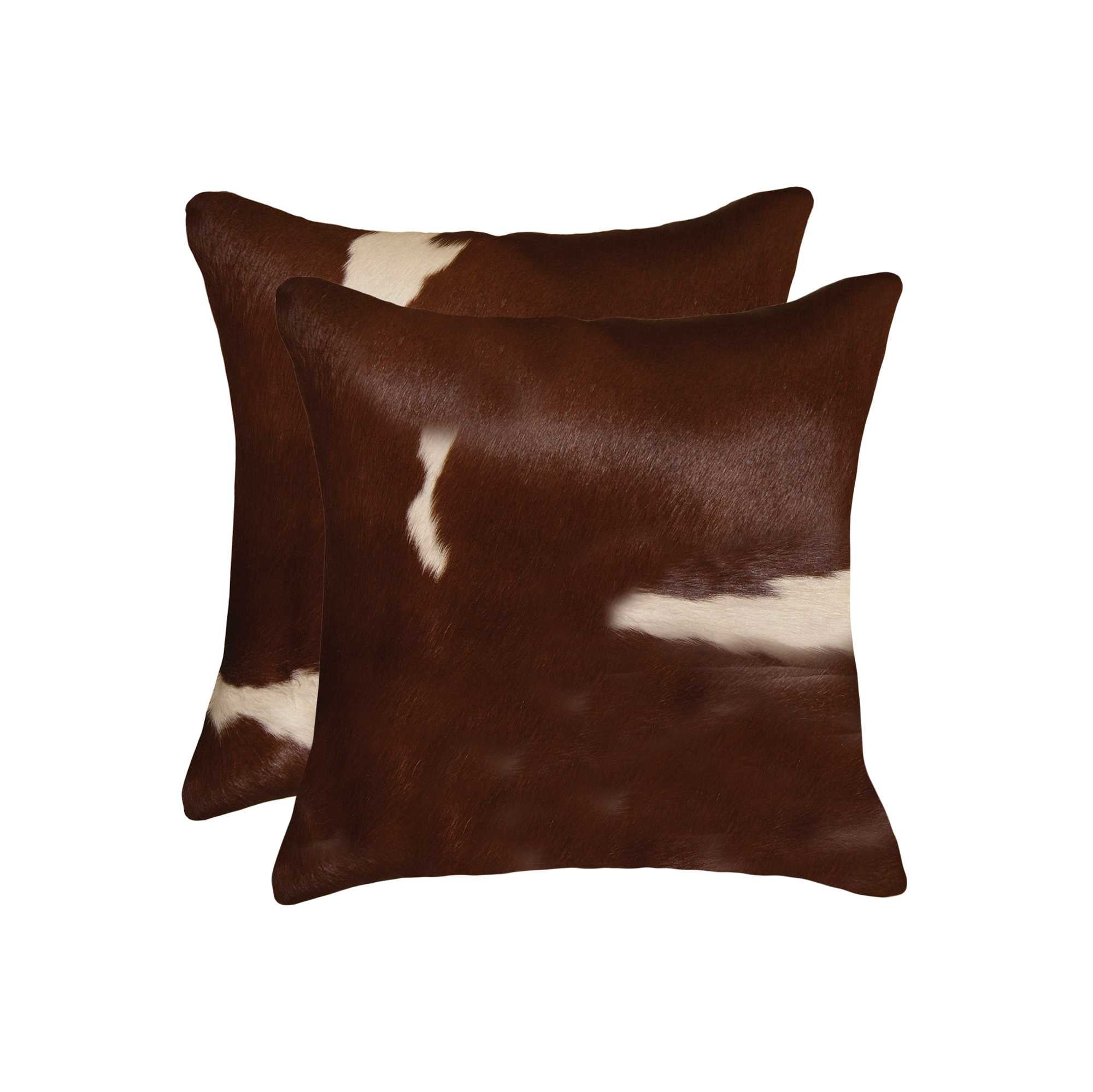 Luxurious 18x18 Gold and Chocolate Quattro Pillow set made from 100% Indian cowhide, featuring a hidden zipper and soft microsuede backing.