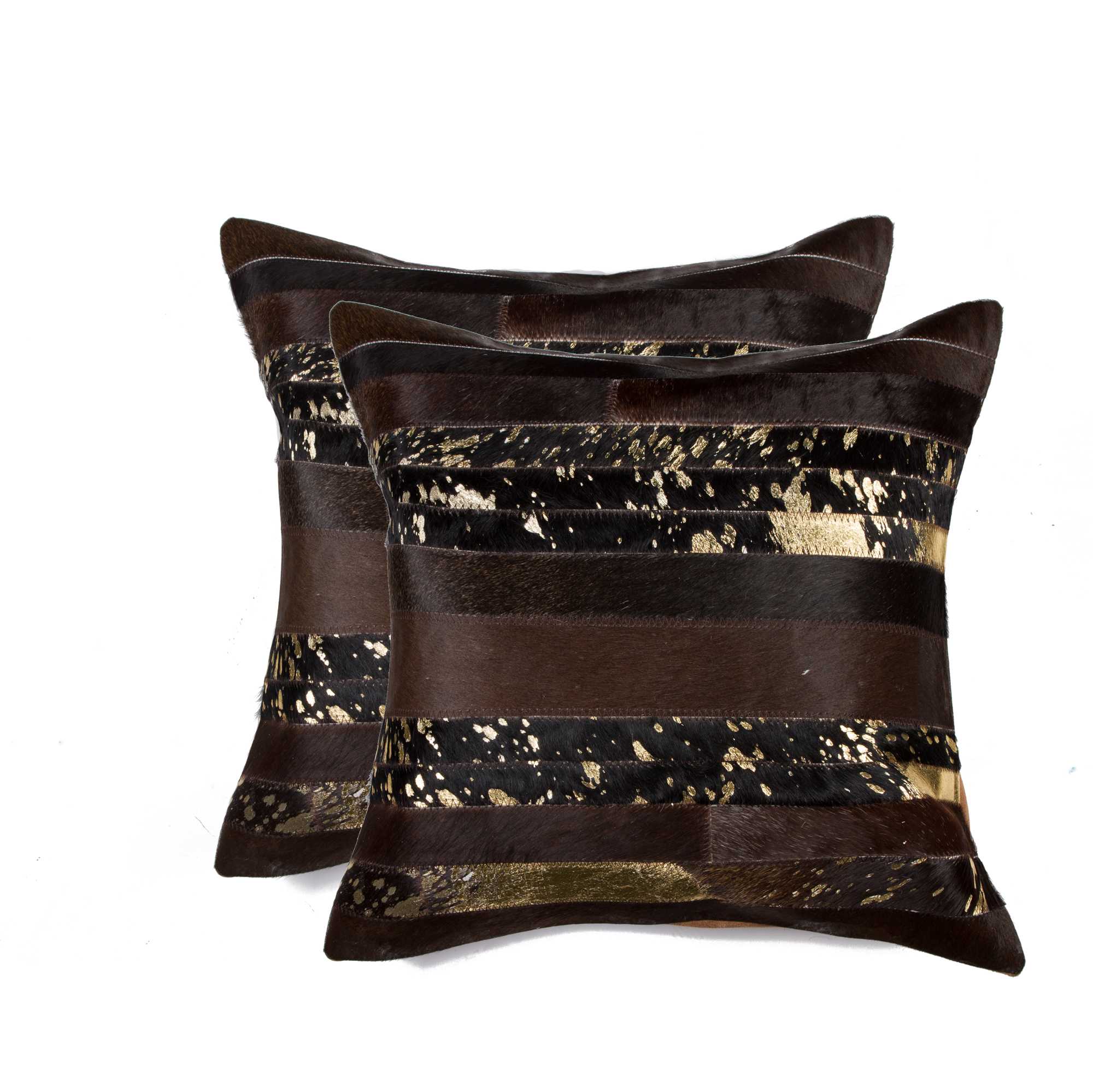 Luxurious 18x18 Gold and Chocolate Quattro Pillow set made from 100% Indian cowhide, featuring a hidden zipper and soft microsuede backing.