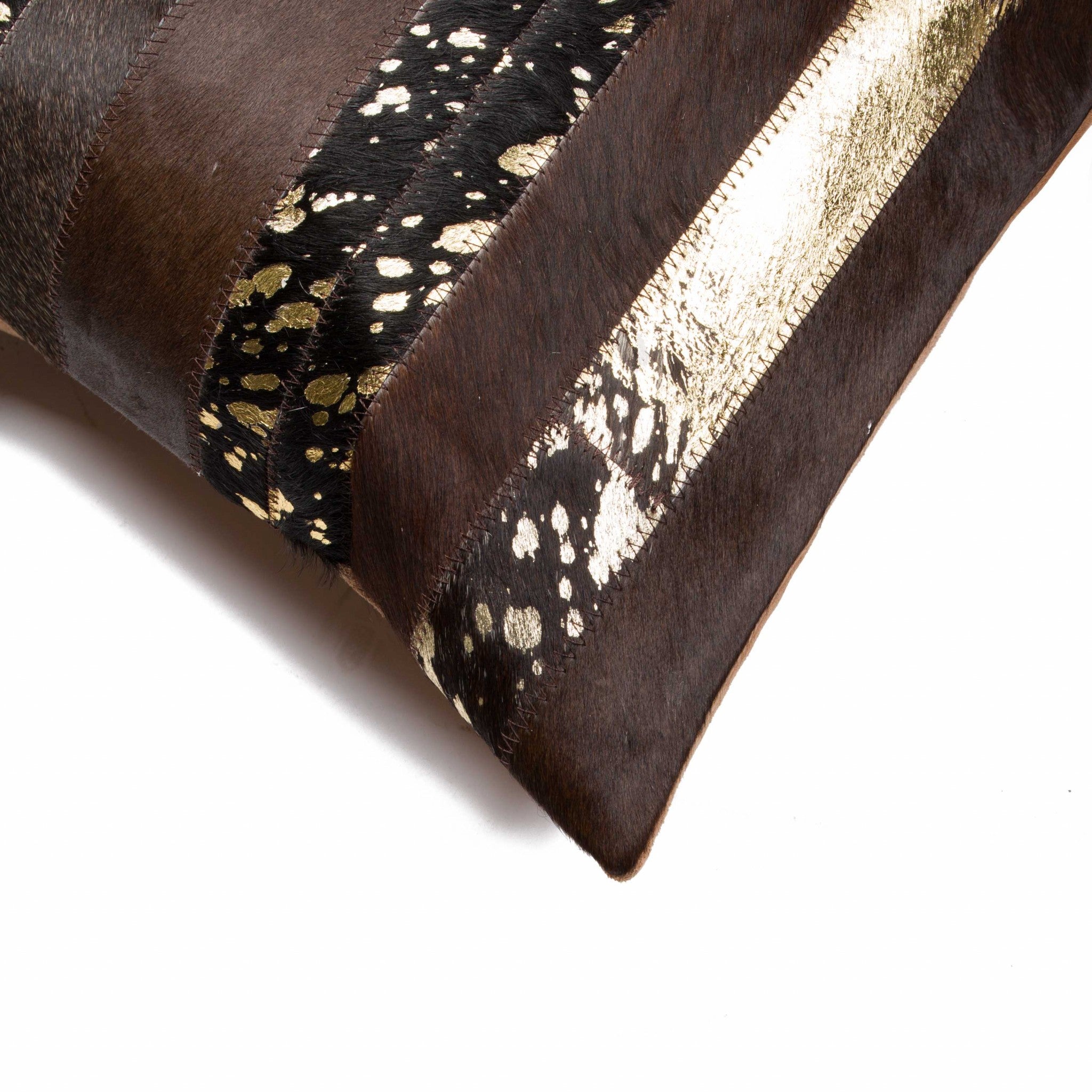 Luxurious 18x18 Gold and Chocolate Quattro Pillow set made from 100% Indian cowhide, featuring a hidden zipper and soft microsuede backing.