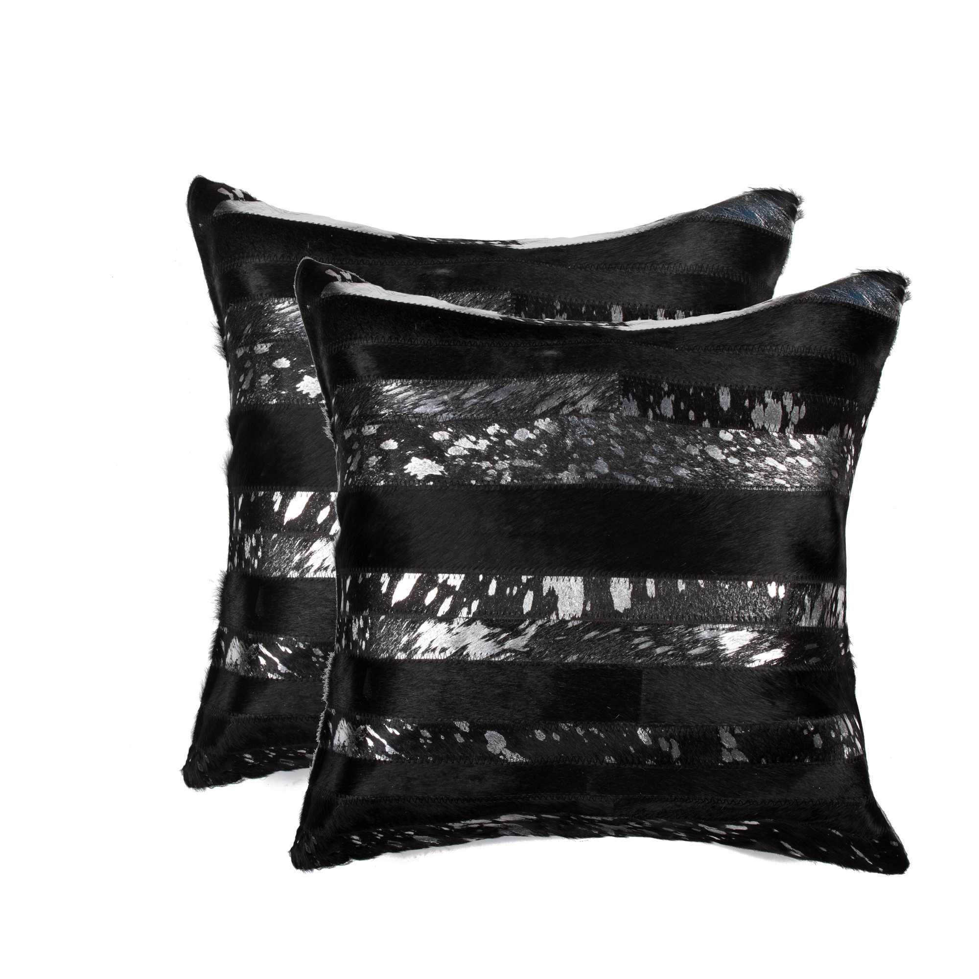 Luxurious 18x18 Gold and Chocolate Quattro Pillow set made from 100% Indian cowhide, featuring a hidden zipper and soft microsuede backing.