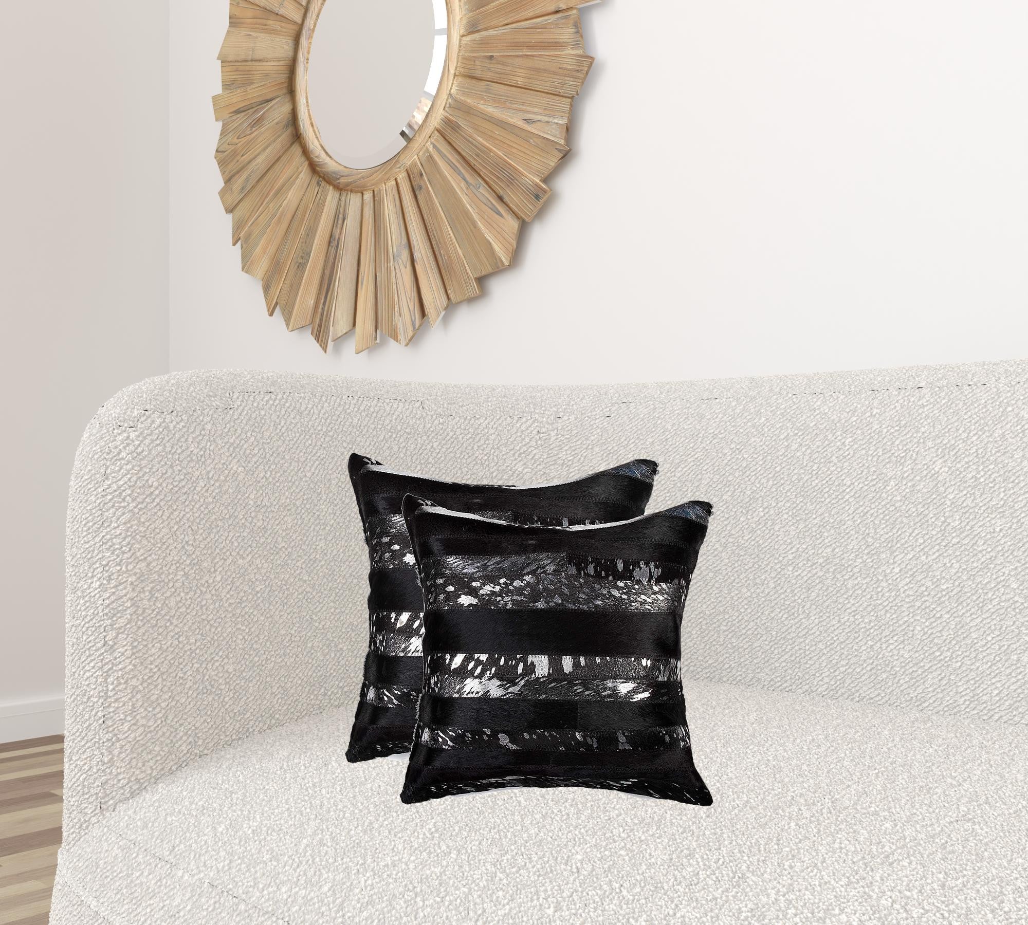 Luxurious 18x18 Gold and Chocolate Quattro Pillow set made from 100% Indian cowhide, featuring a hidden zipper and soft microsuede backing.